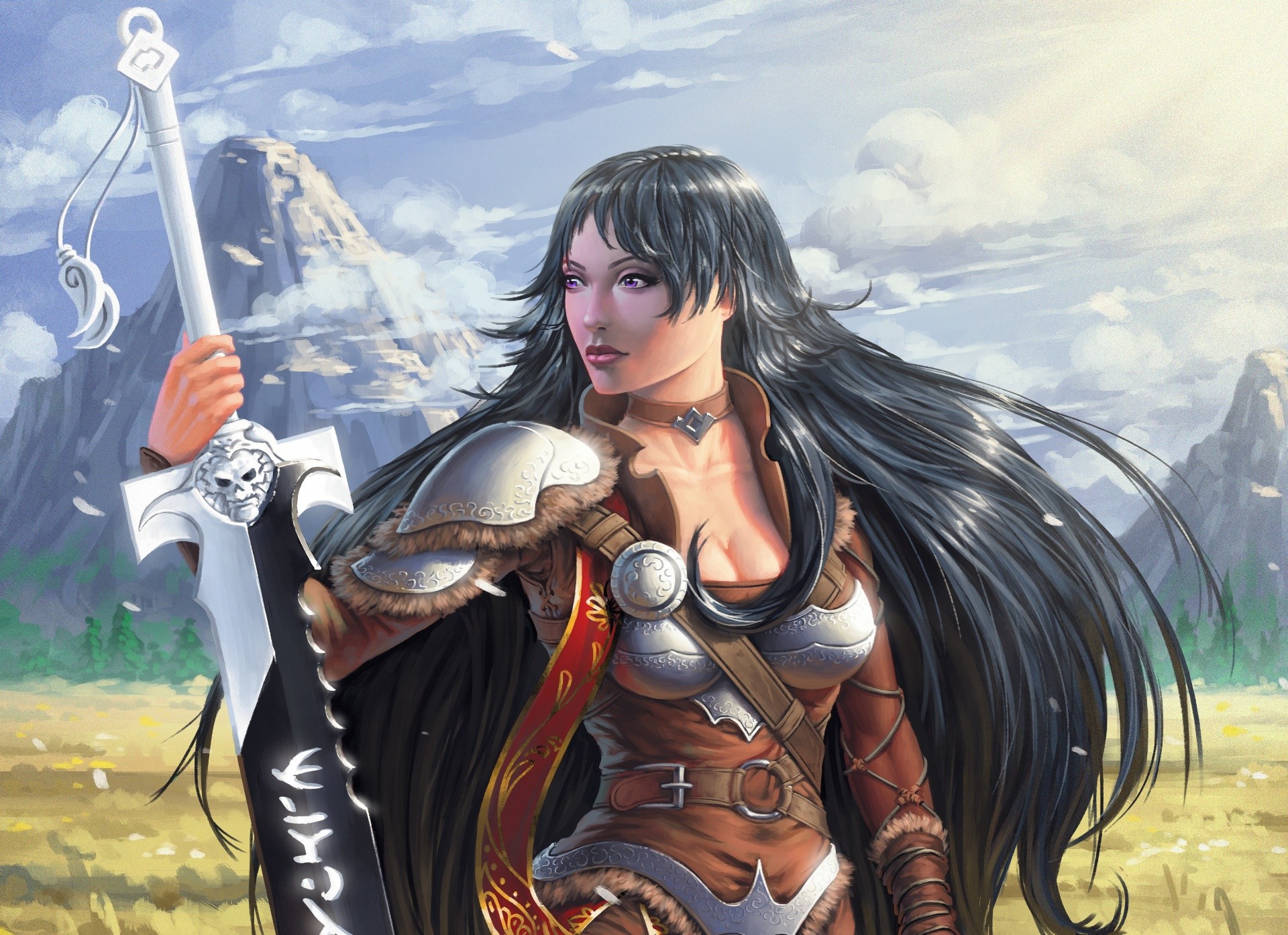 Fantasy warrior girl with sword in a field HD Wallpaper