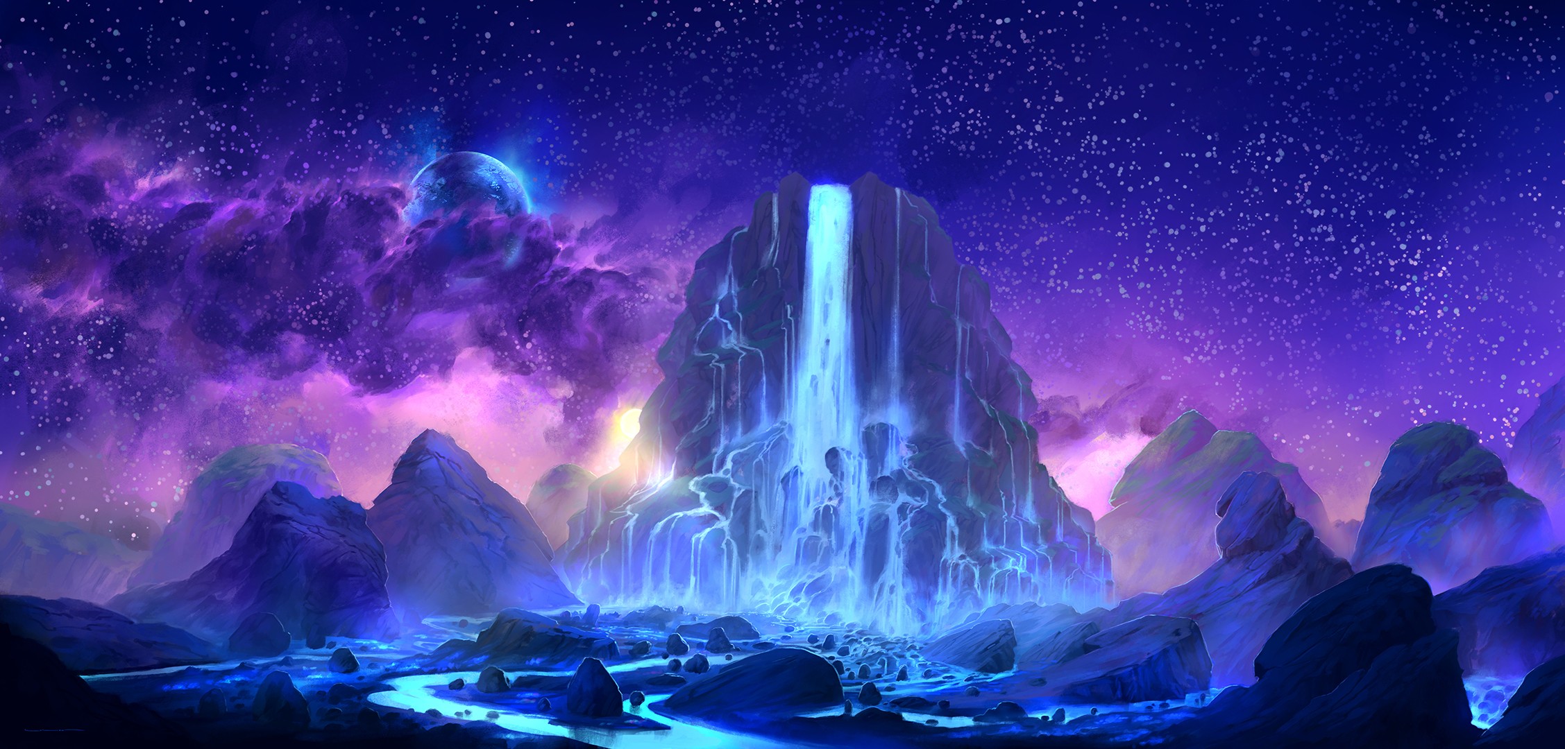 Mystical Waterfall Under a Starry Cosmic Sky HD Wallpaper