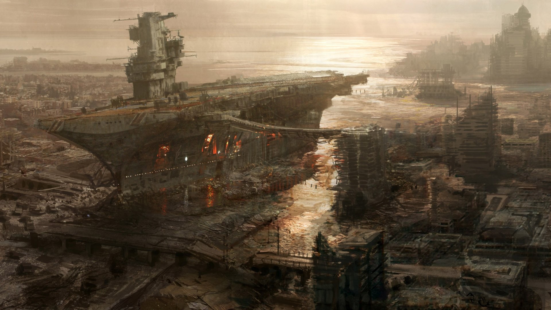 Apocalyptic city with aircraft carrier HD Wallpaper
