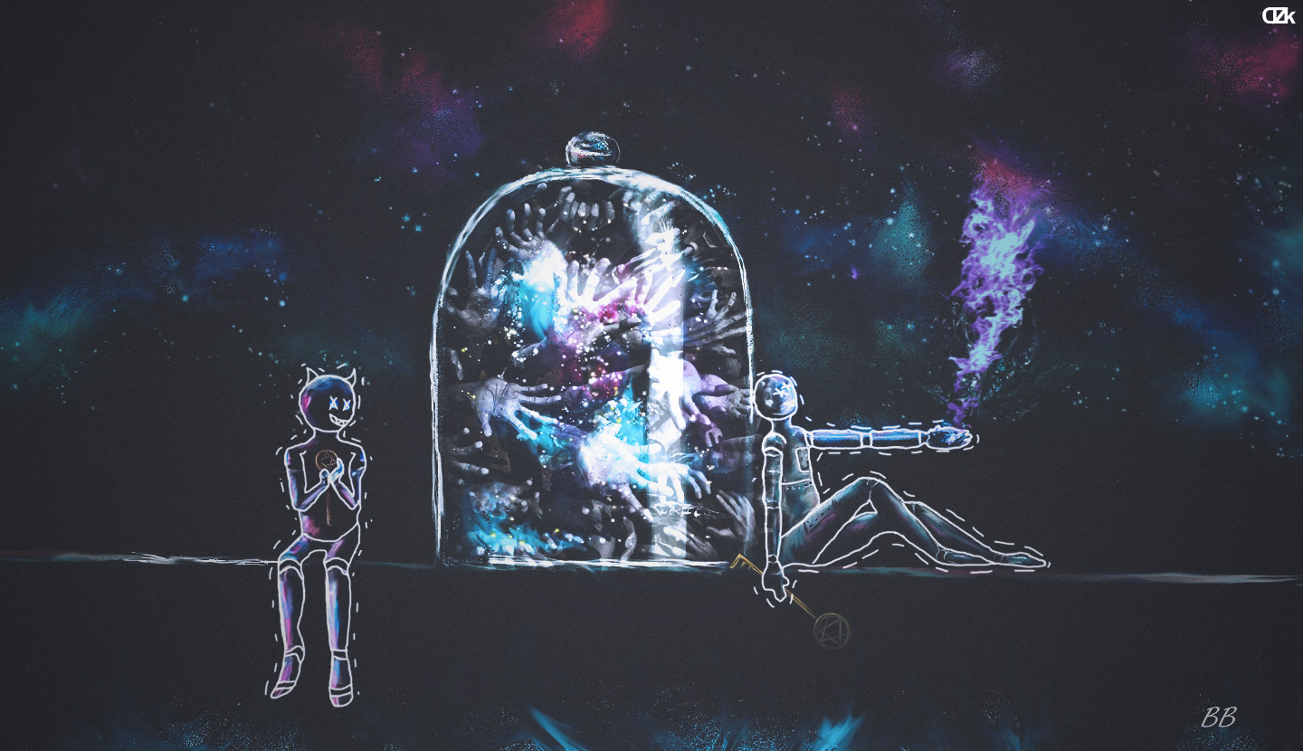 Cosmic scene with figures and hands in a jar HD Wallpaper