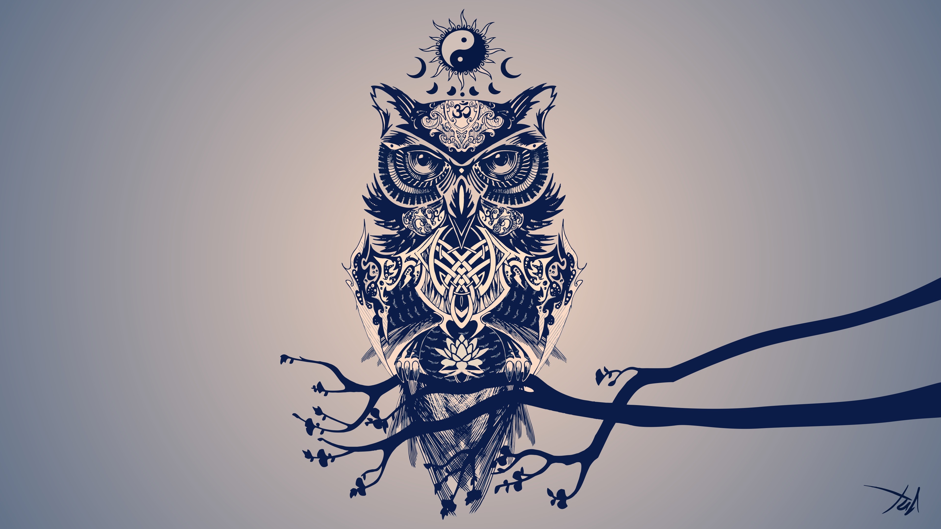 Tribal owl with celestial symbols on a branch HD Wallpaper