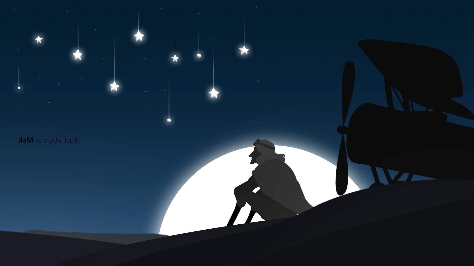 The Little Prince sitting by an airplane under the stars HD Wallpaper