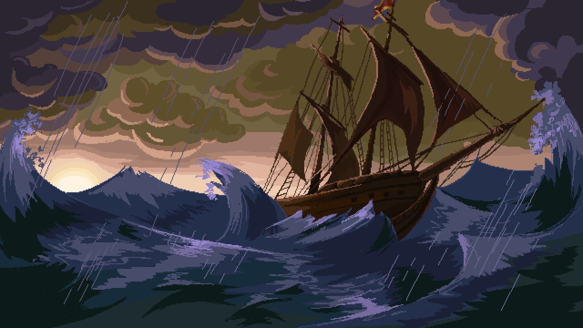 Pixel art ship in a stormy sea with waves and rain HD Wallpaper