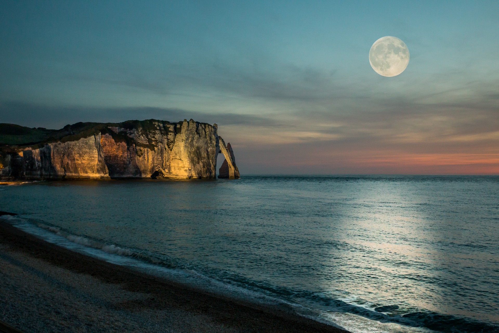 Moon over Etretat cliffs and beach HD Wallpaper