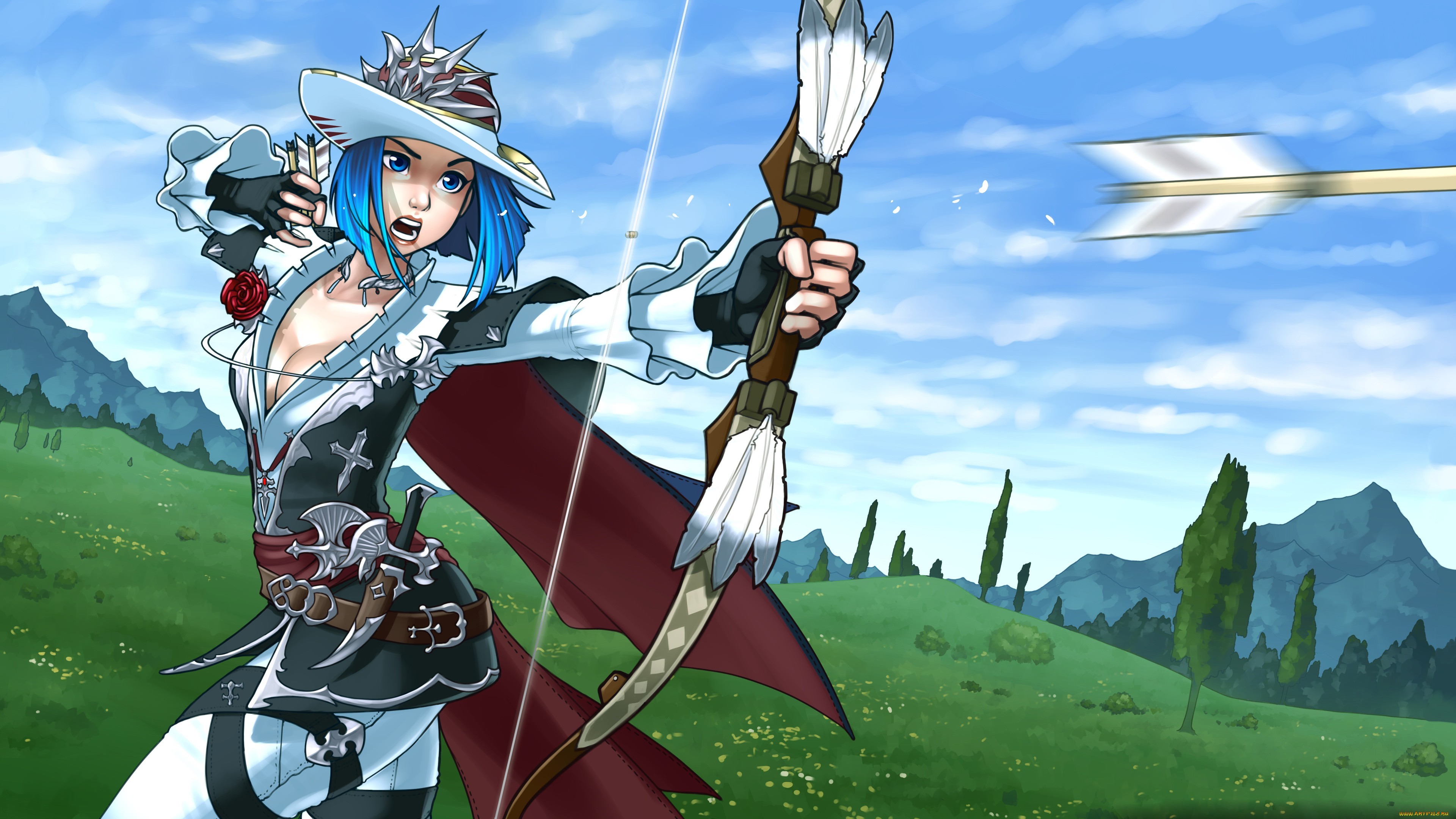 Fantasy girl with blue hair shooting a bow and arrow HD Wallpaper