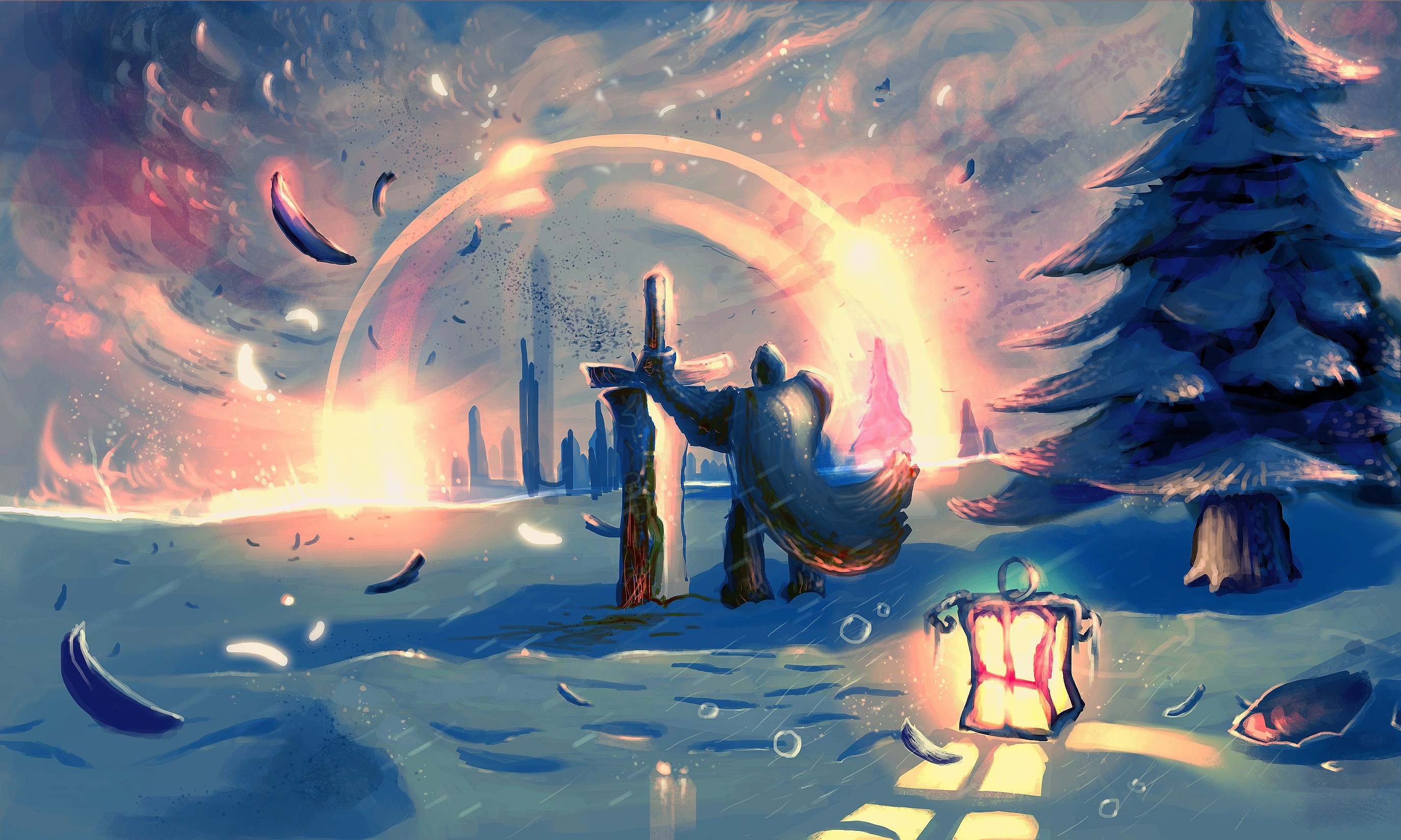 Fantasy knight with sword and shield at sunset HD Wallpaper