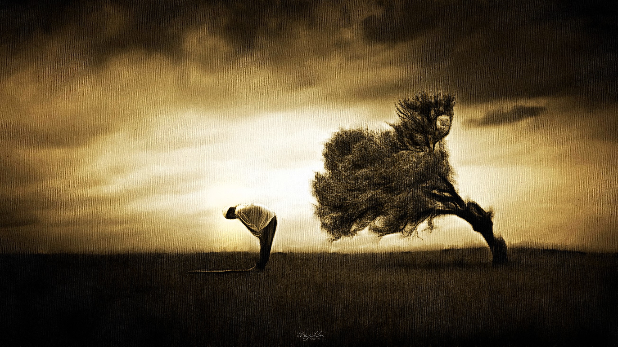 Fantasy art of a person praying next to a tree HD Wallpaper