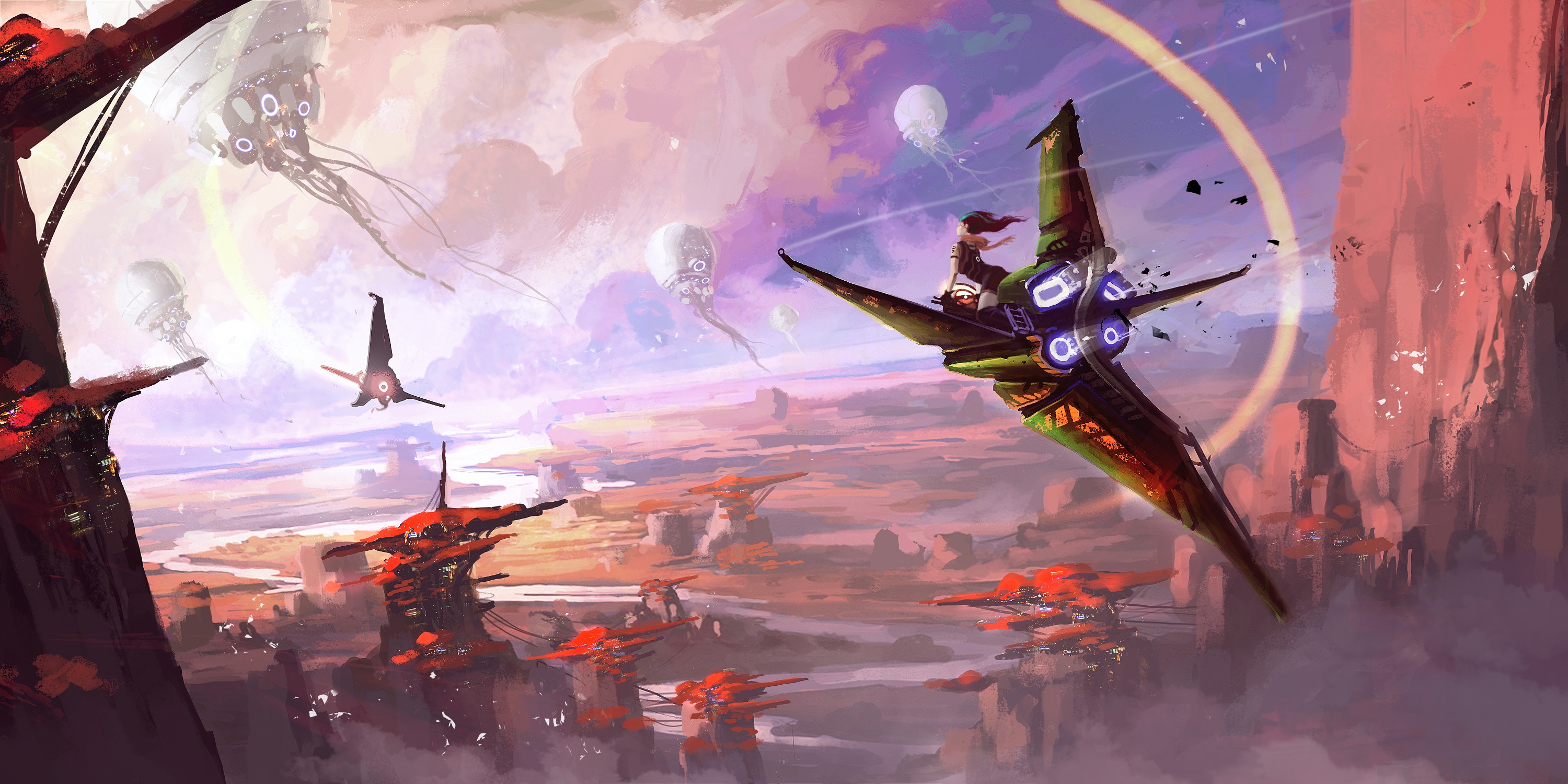Futuristic fantasy art ship with jellyfish and alien landscape HD Wallpaper