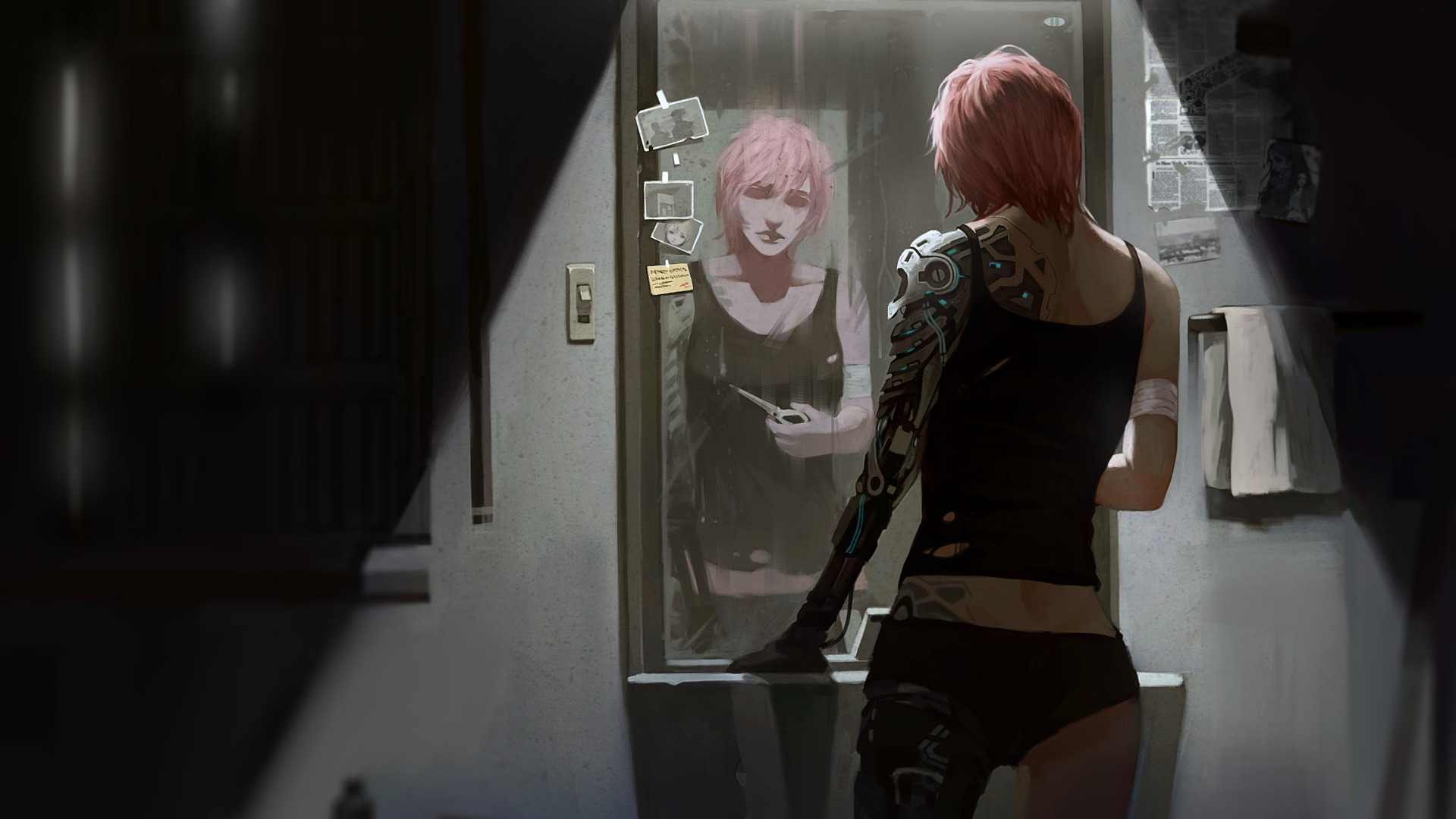 Woman with cybernetic arm looking in mirror HD Wallpaper
