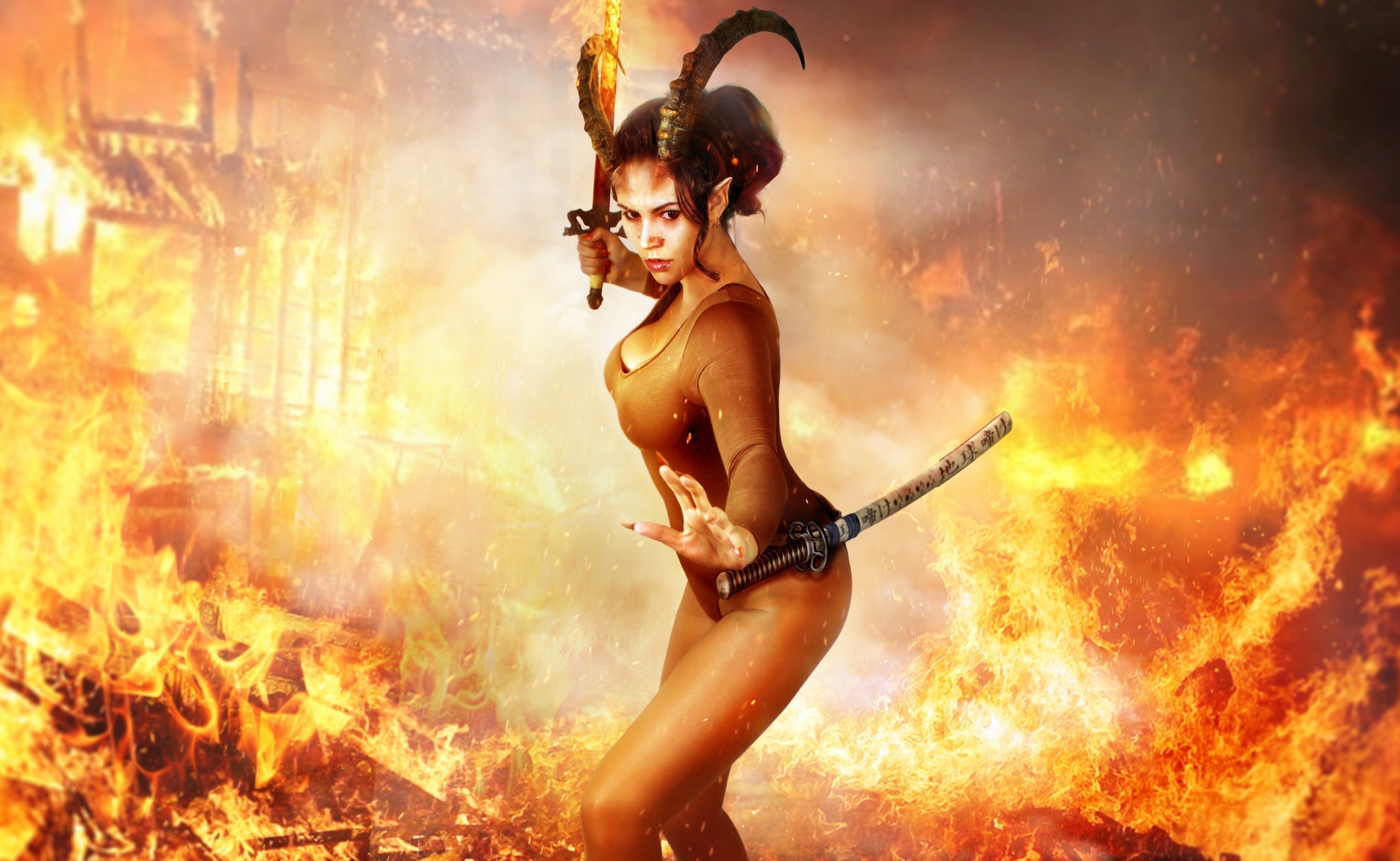 Fantasy warrior with horns and swords in fire HD Wallpaper