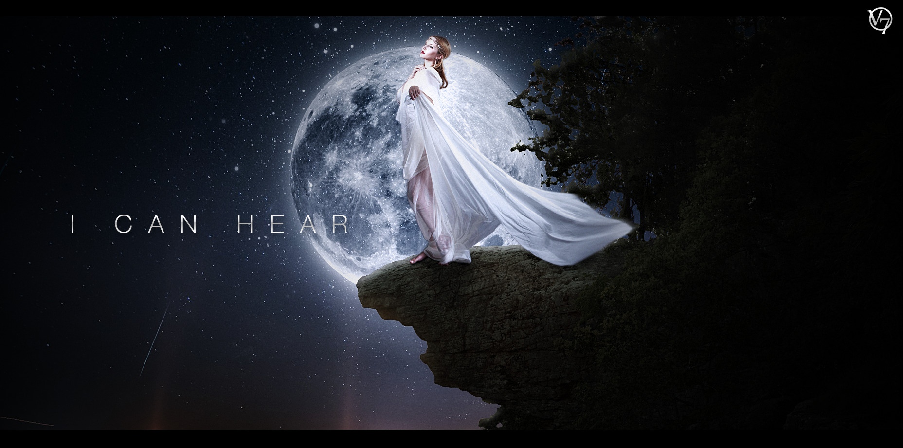 Woman in white dress on cliff under the moon HD Wallpaper