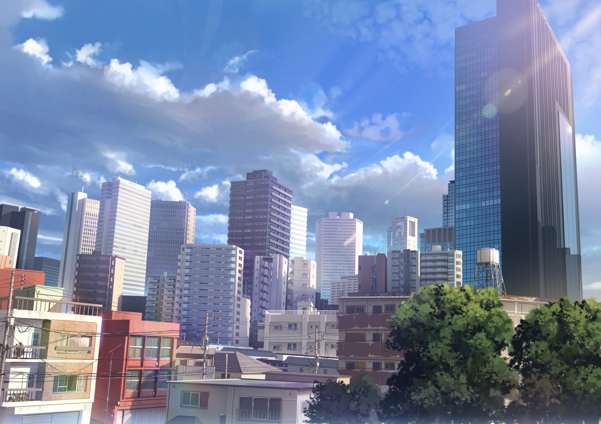 Anime cityscape with tall buildings and blue sky HD Wallpaper