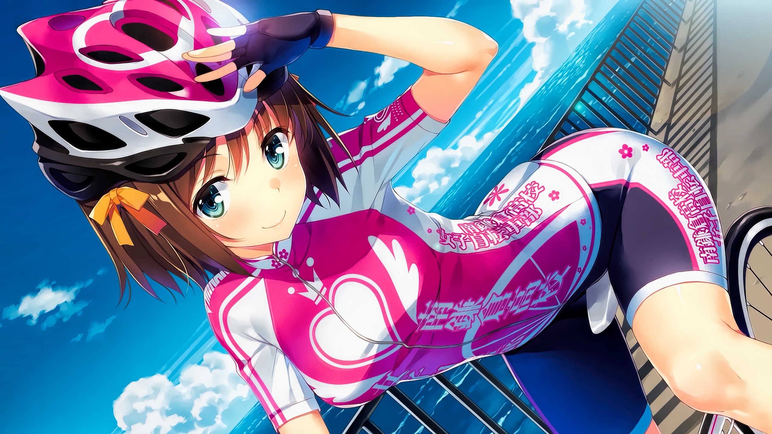 Anime girl in cycling gear with bicycle HD Wallpaper
