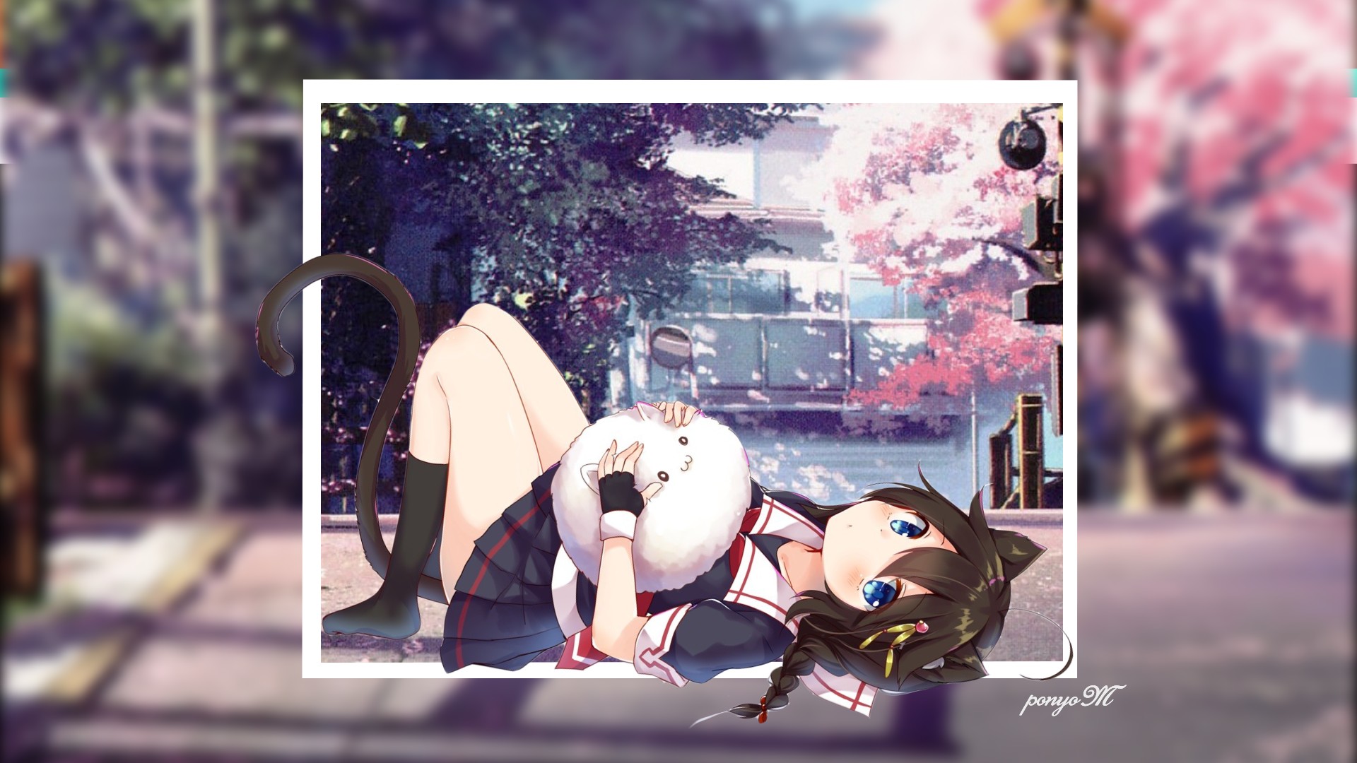 Anime girl with cat ears and tail holding a plush toy HD Wallpaper