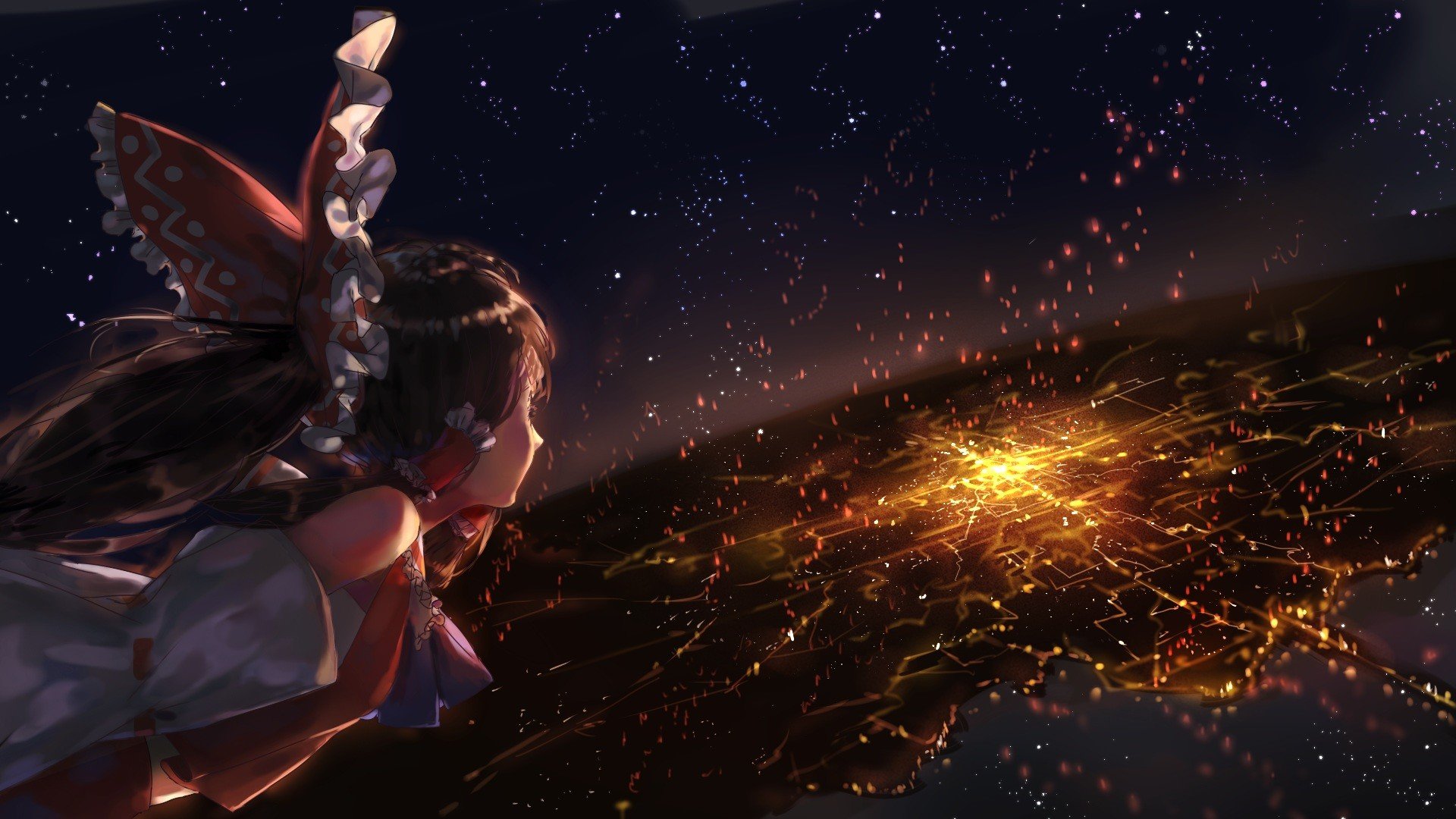 Reimu Hakurei from Touhou looking at a glowing cityscape at night HD Wallpaper