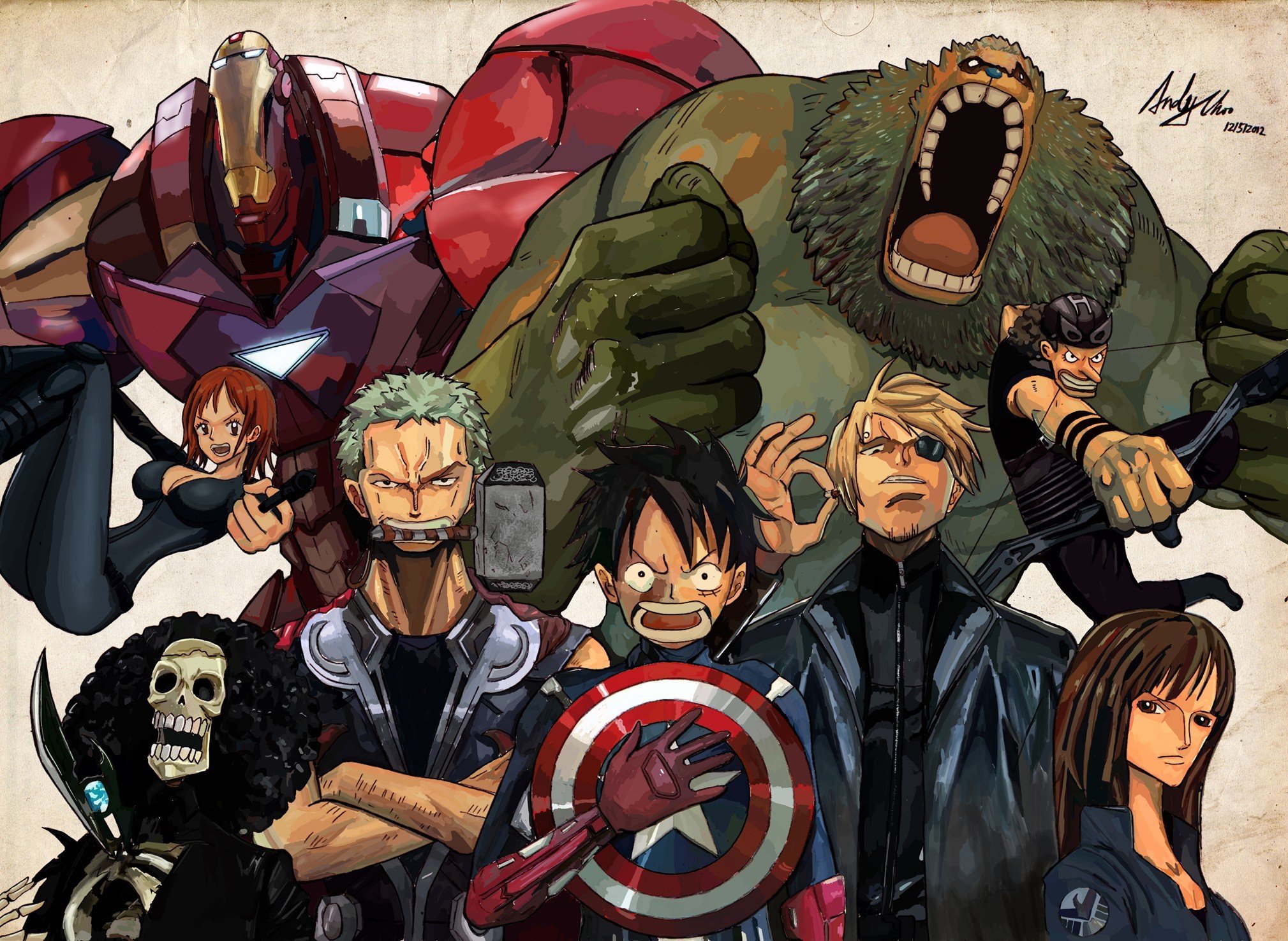 One Piece characters as Avengers parody HD Wallpaper