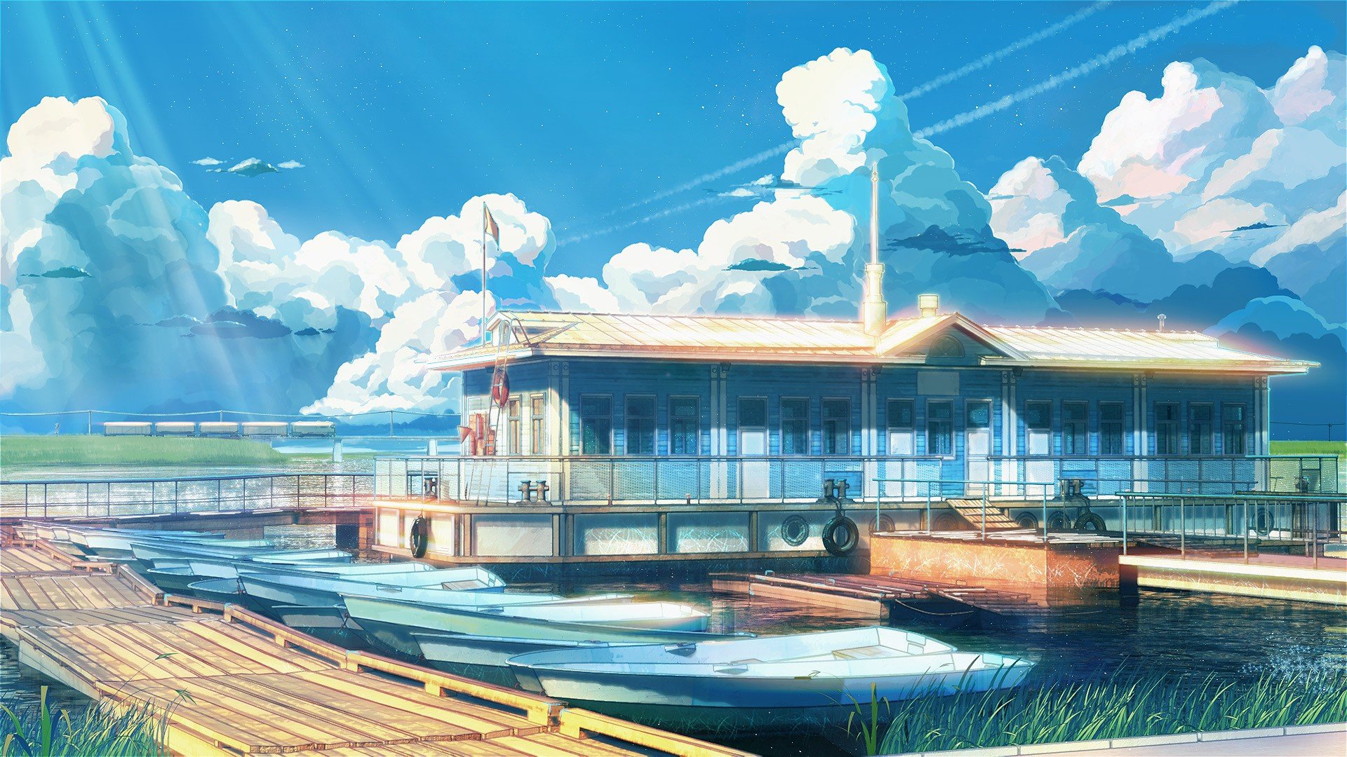 Boats docked at a station with clouds and sunlight HD Wallpaper