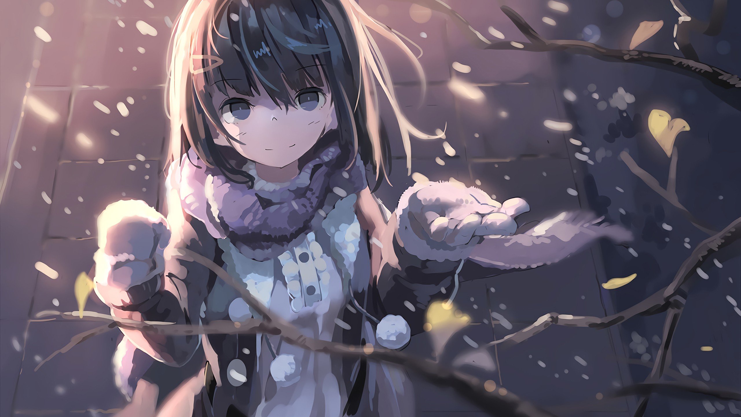 Anime girl in winter with snow falling HD Wallpaper