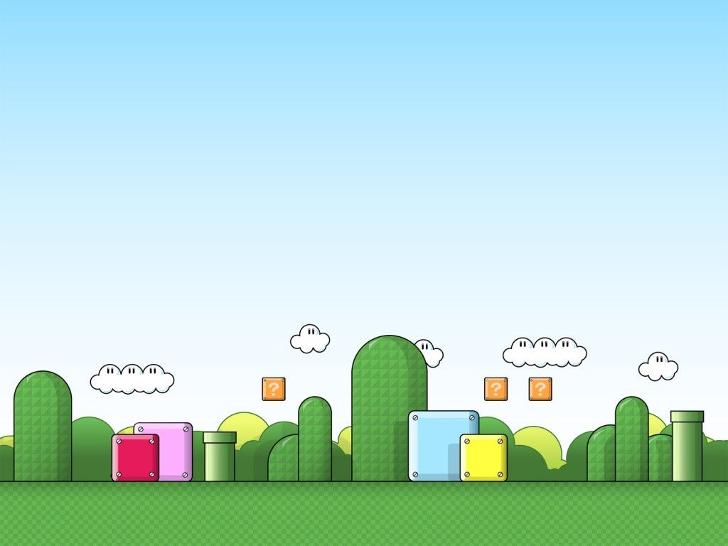 Super Mario landscape with question blocks and pipes HD Wallpaper
