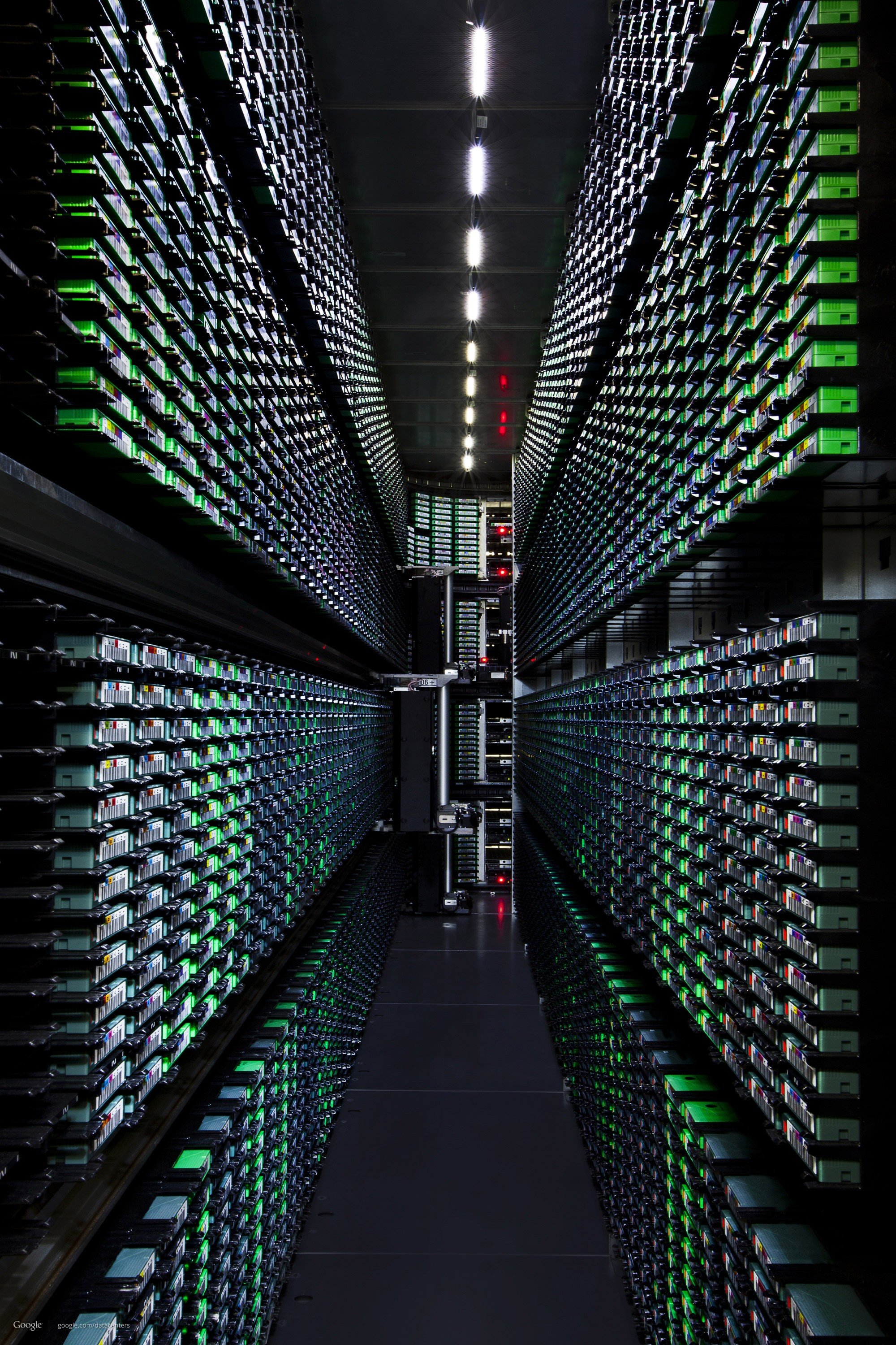 Google datacenter tape library with rows of servers HD Wallpaper