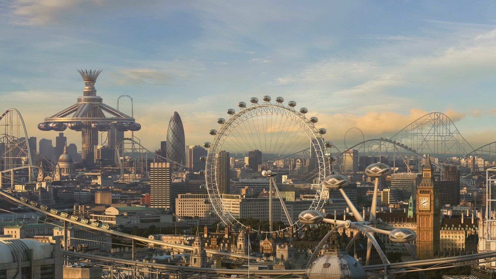 Futuristic London cityscape with London Eye and Big Ben HD Wallpaper