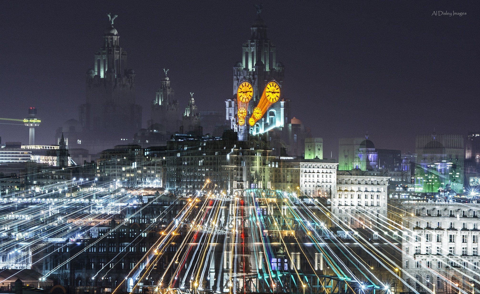 Liverpool night cityscape with light trails and clocks HD Wallpaper