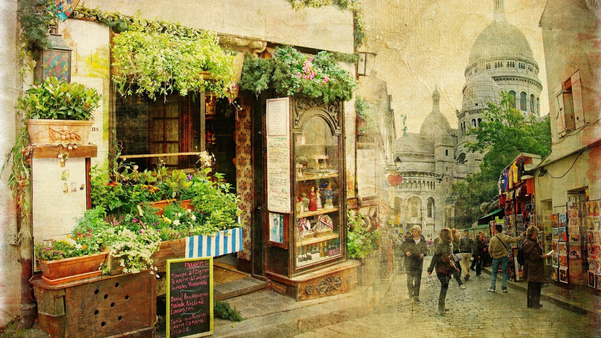 Street scene in Montmartre, Paris with Sacre Coeur Cathedral HD Wallpaper
