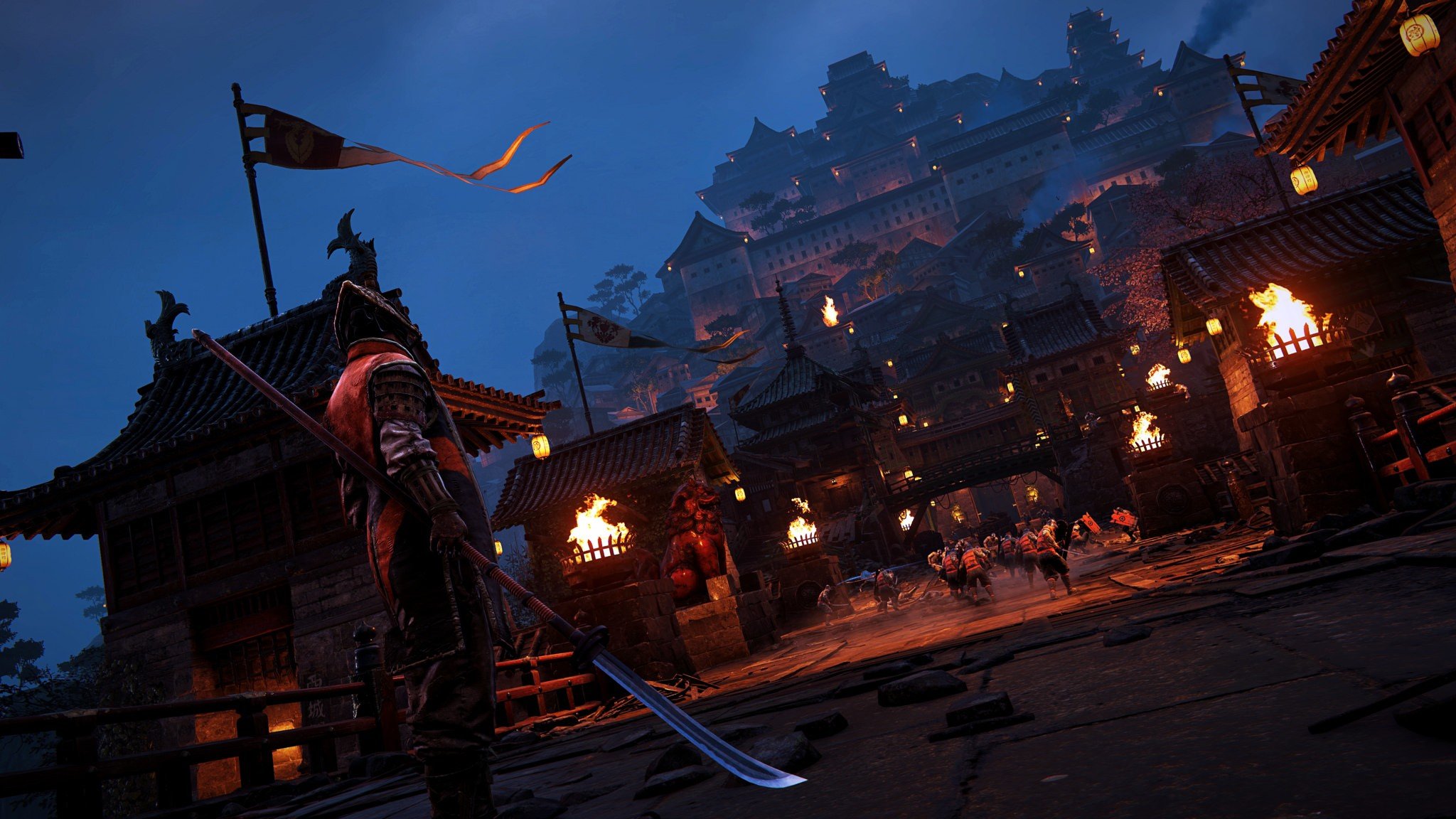 Samurai warrior with a spear in a Japanese village at night HD Wallpaper