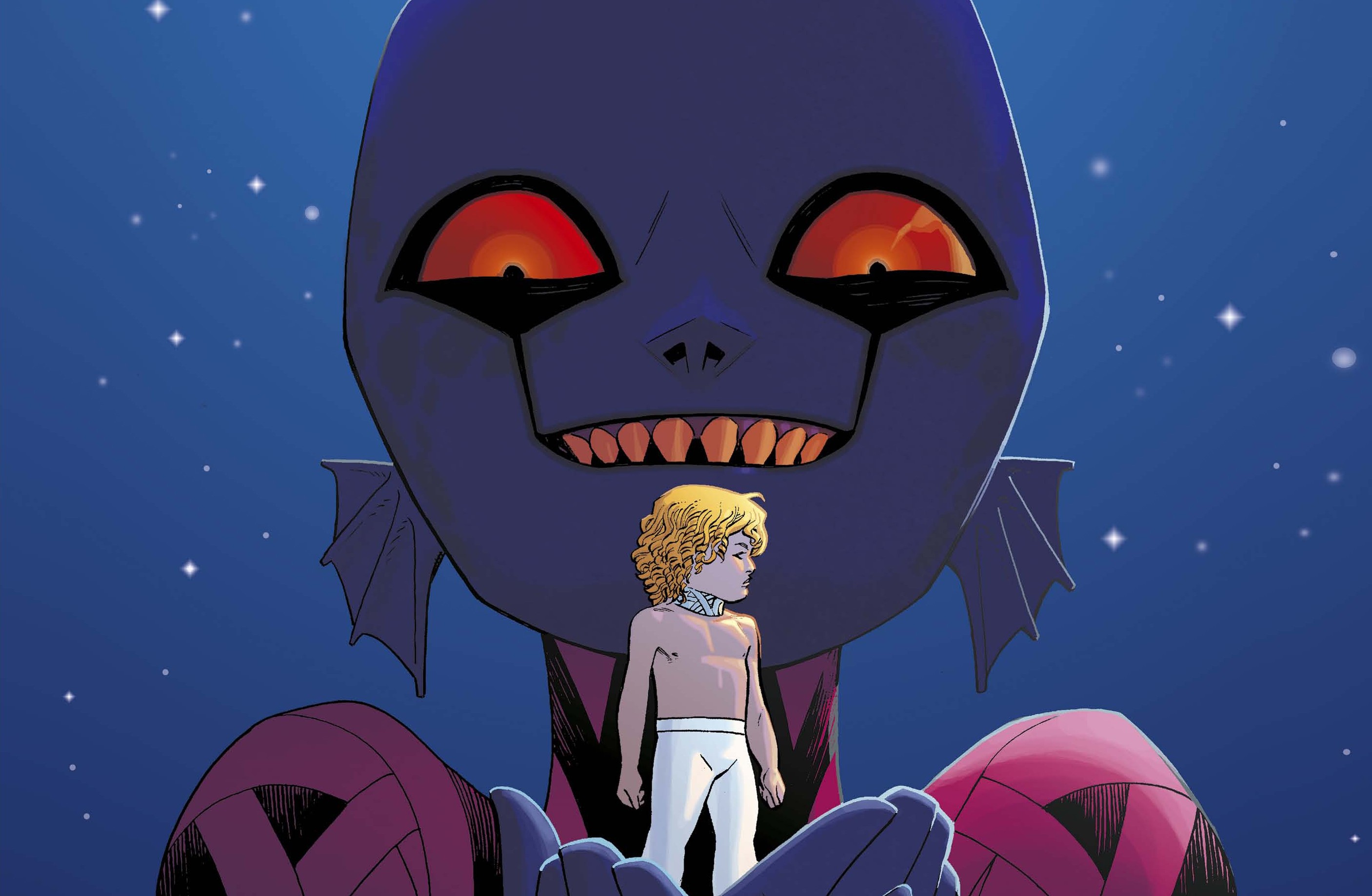 Boy and Giant Alien Monster in Space HD Wallpaper