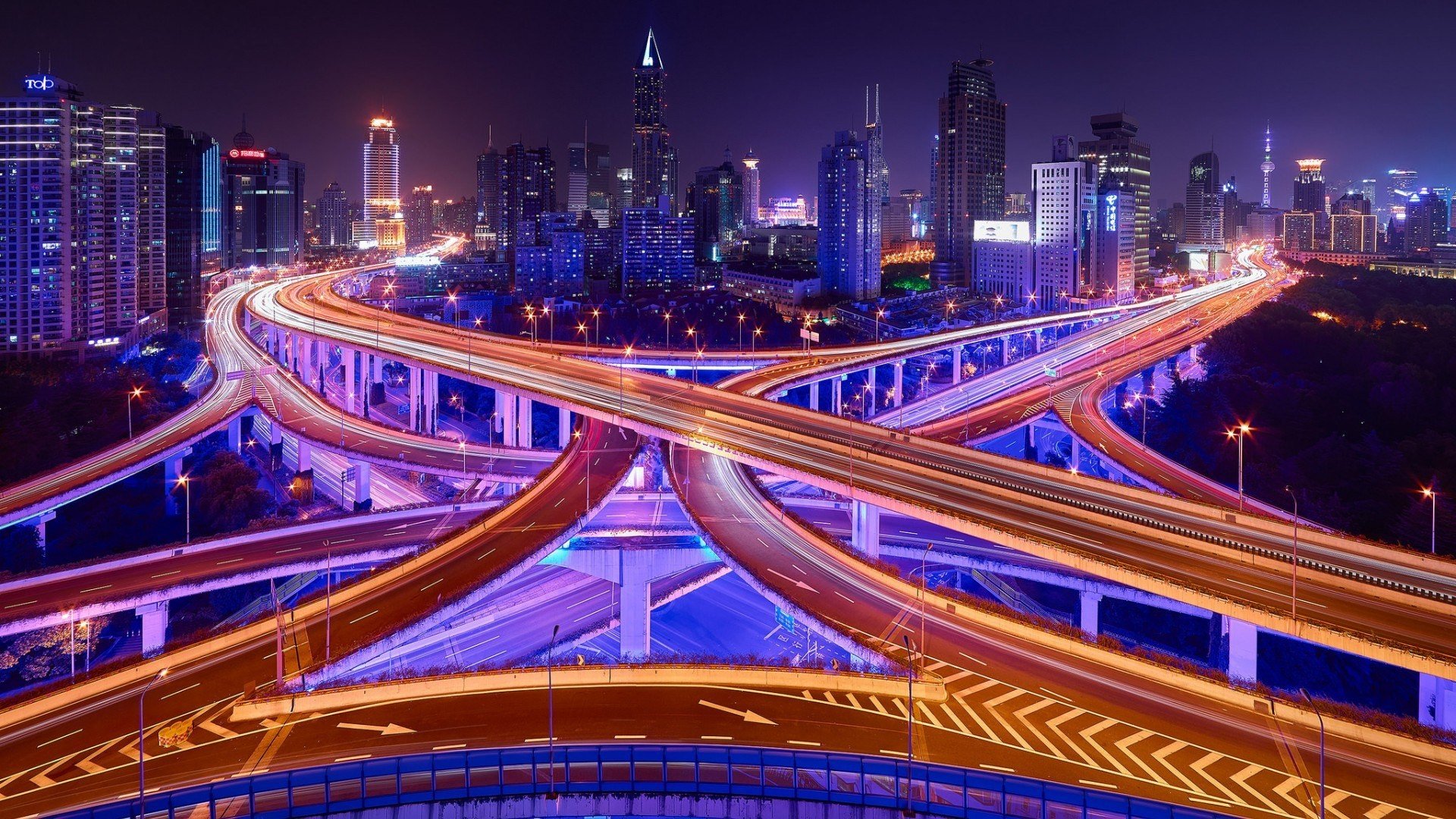 Shanghai China Cityscape at Night with Highway Interchange HD Wallpaper