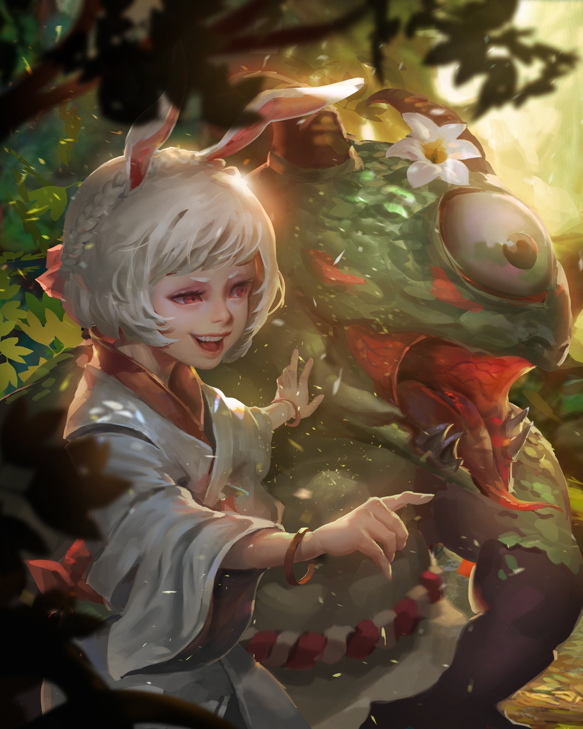 Fantasy art of a girl and a creature in a forest HD Wallpaper