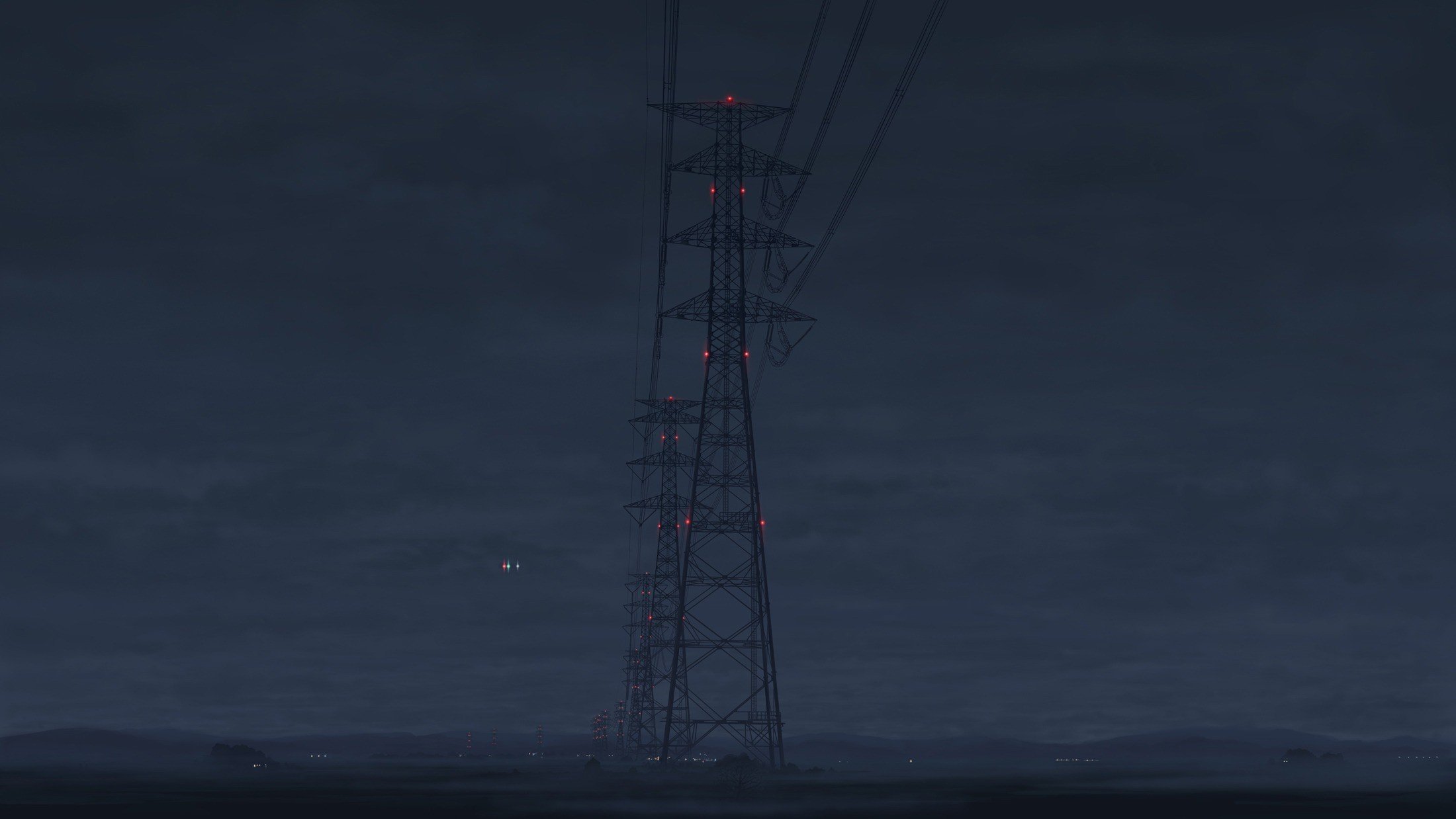 Power lines at night with distant lights HD Wallpaper