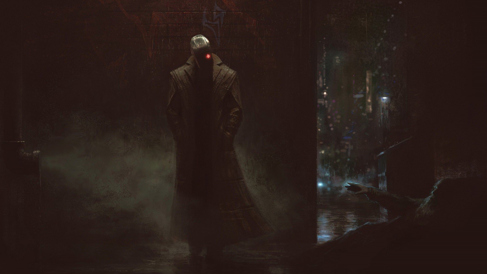 Cyborg in a trench coat with red eye in a rainy city HD Wallpaper