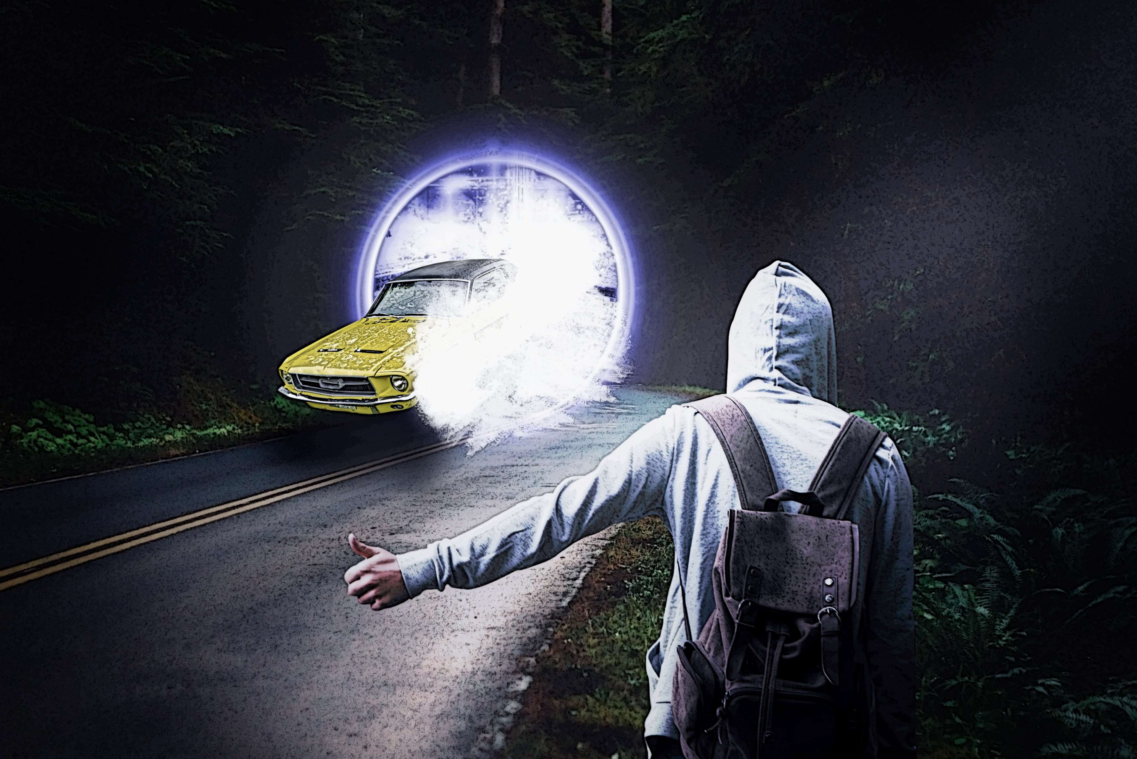 Man hitchhiking to a yellow car through a portal HD Wallpaper