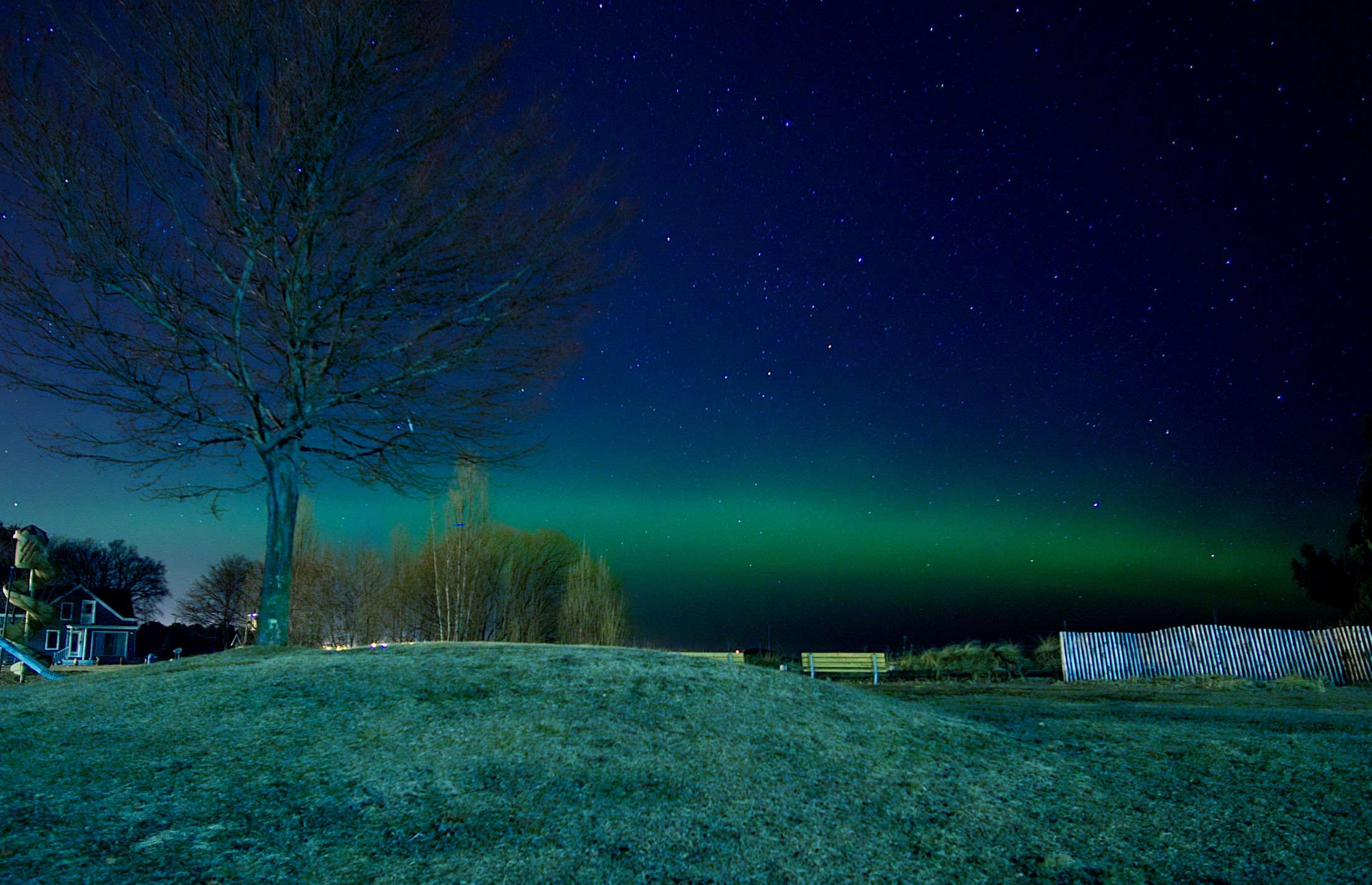 Aurora Borealis over a grassy hill at night HD Wallpaper
