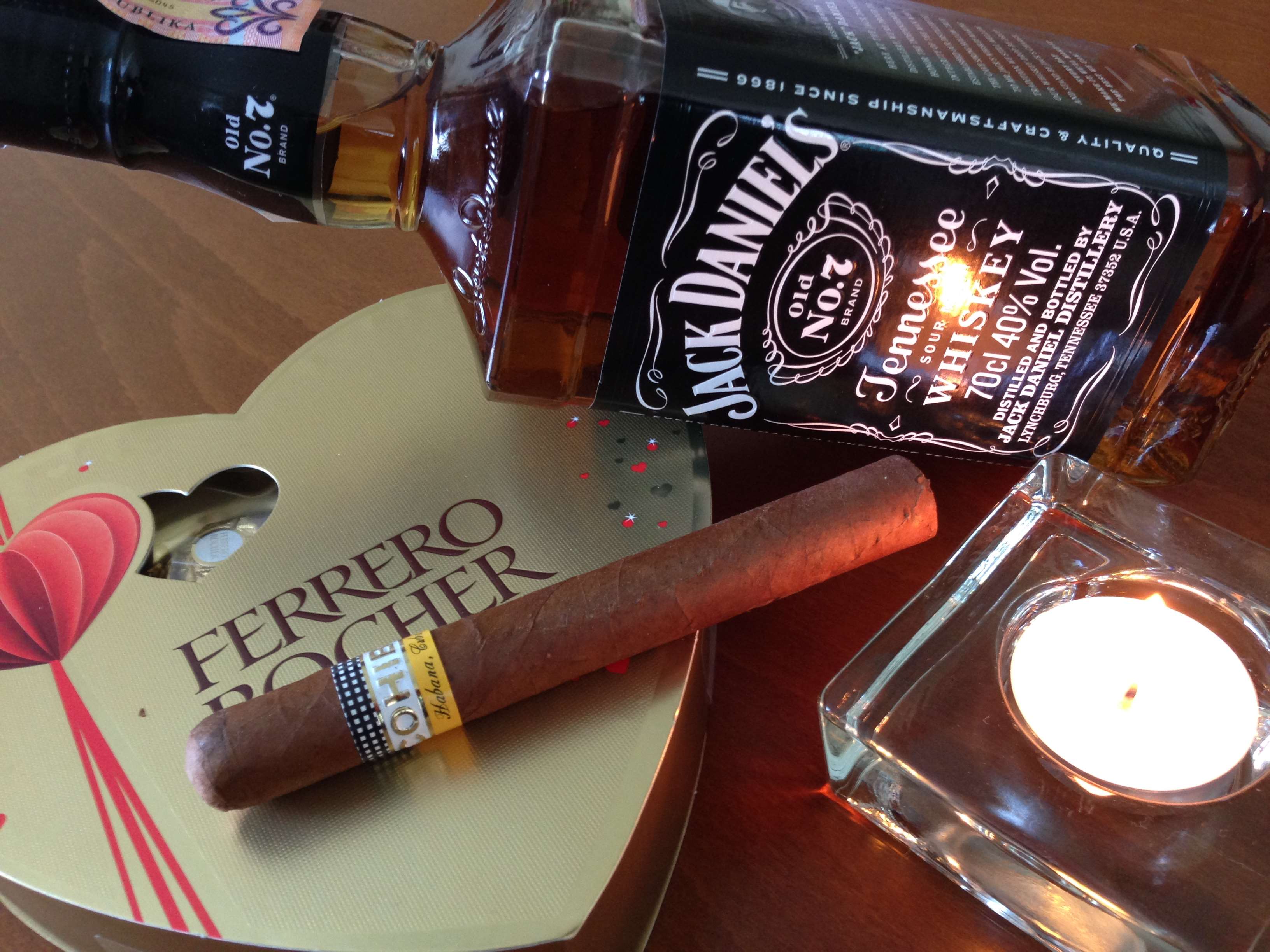 Jack Daniel's Whiskey, Ferrero Rocher, and Cigar HD Wallpaper