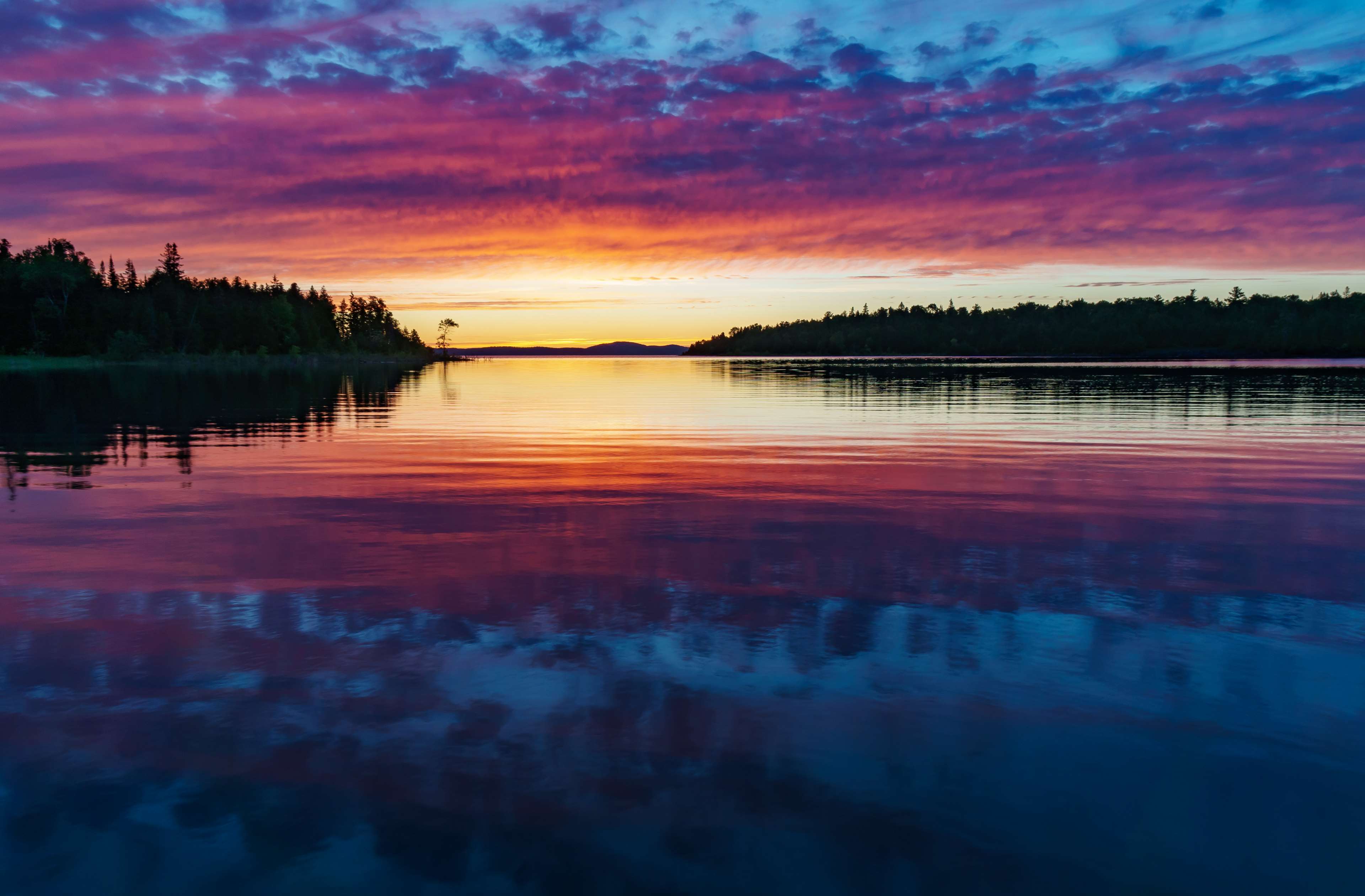 Lake landscape with colorful sunrise reflection on water 4K HD Wallpaper