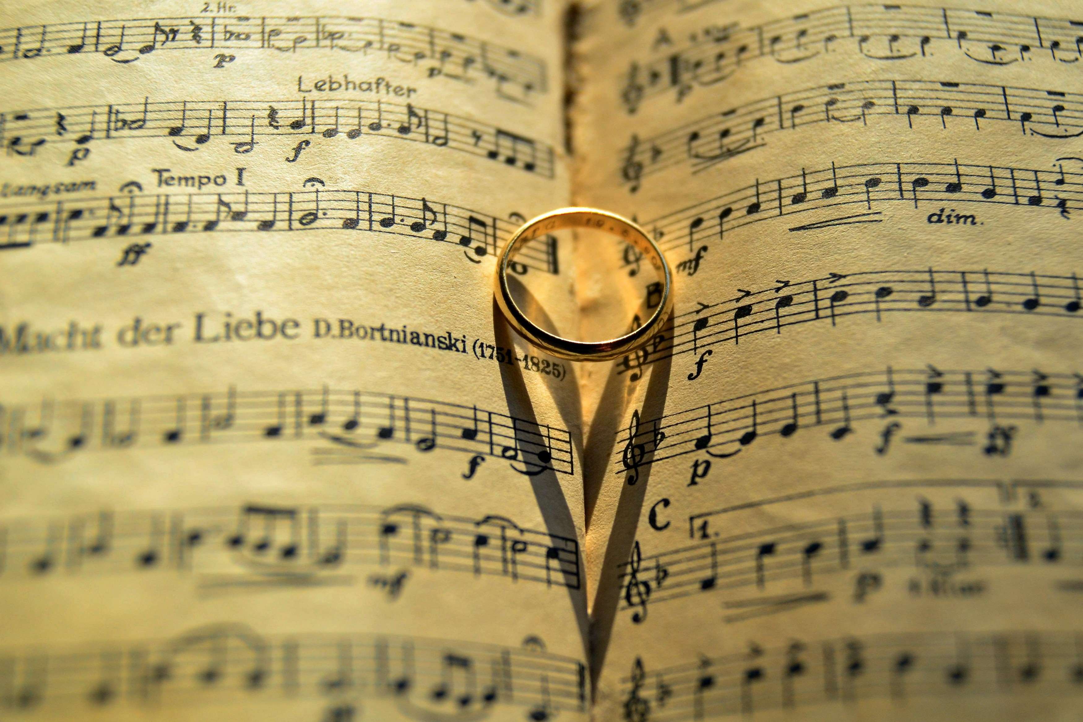Wedding ring casting a heart shadow on sheet music HD Wallpaper