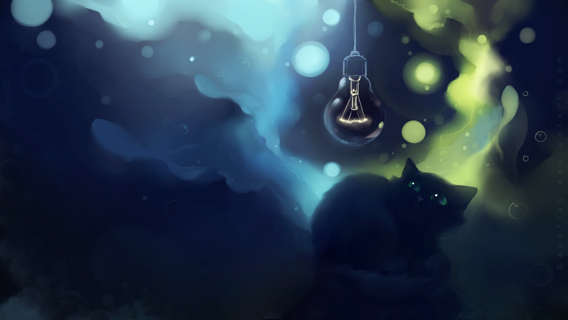 Black cat with green eyes under a light bulb HD Wallpaper