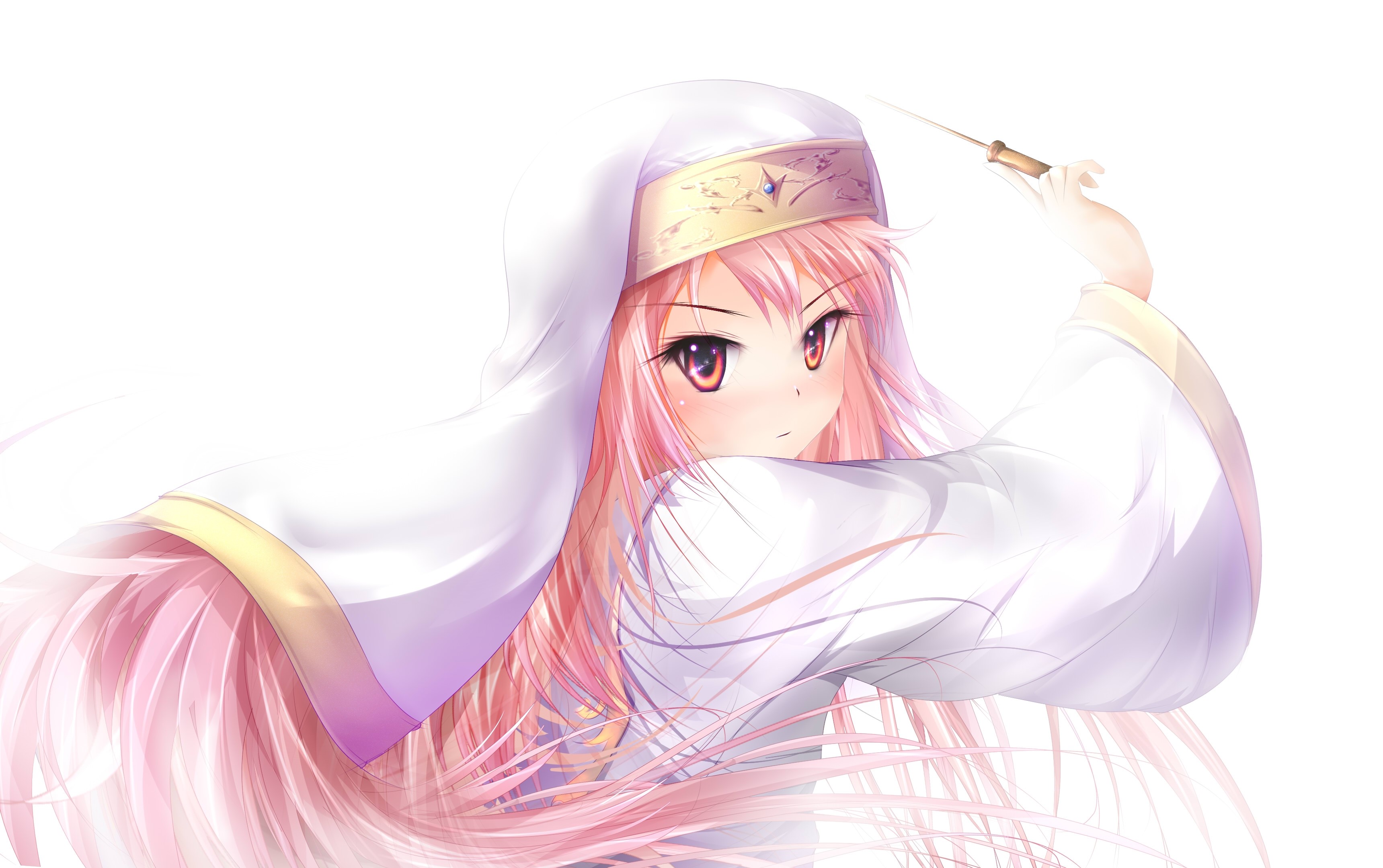 Anime girl with pink hair and white robe holding a wand HD Wallpaper