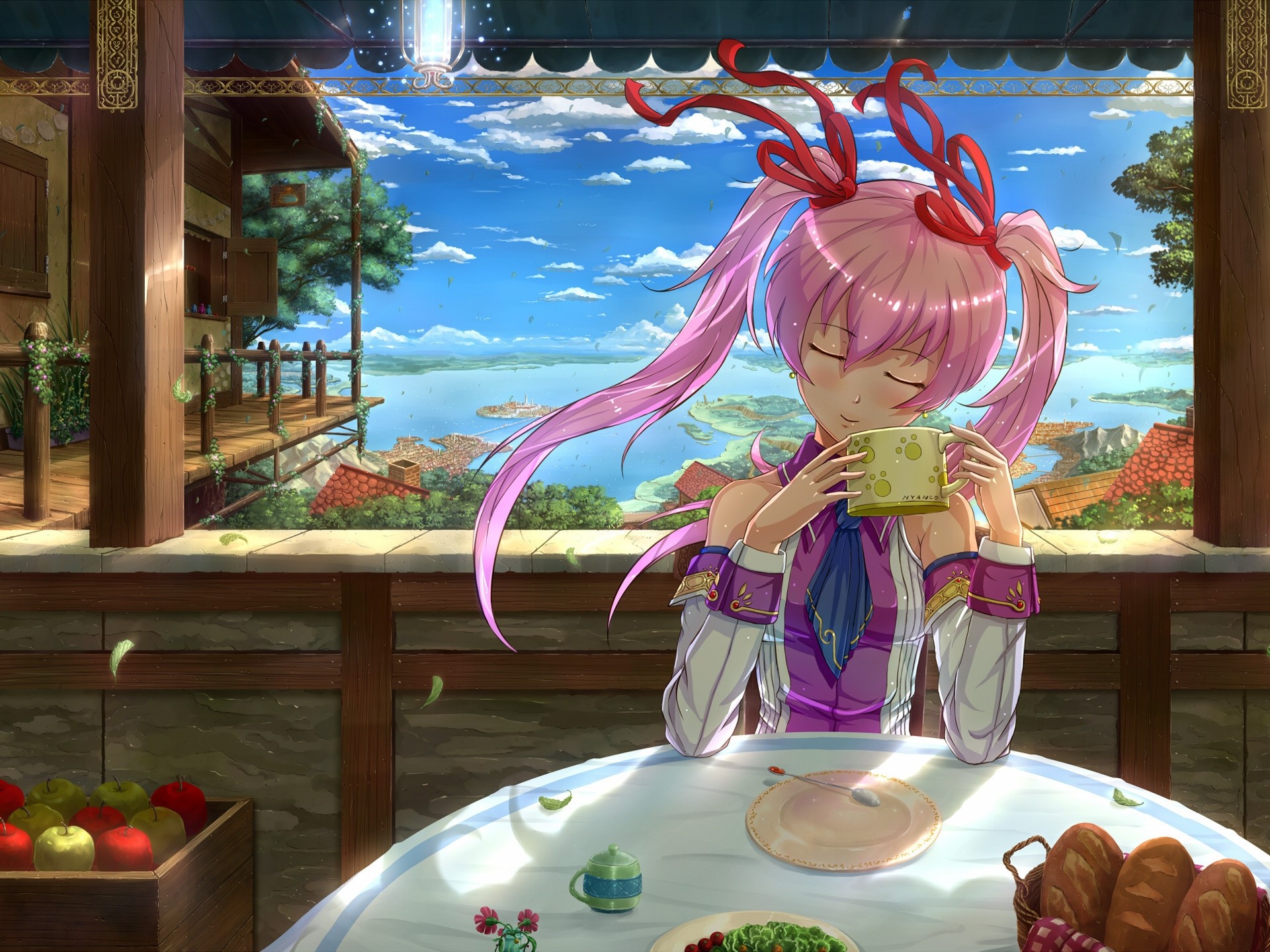 Anime girl with pink hair drinking tea on a balcony HD Wallpaper