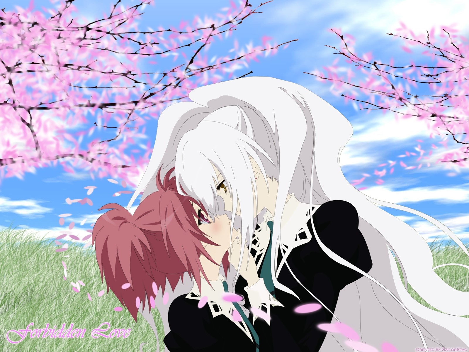 Anime girls kissing under cherry blossoms HD Wallpaper
