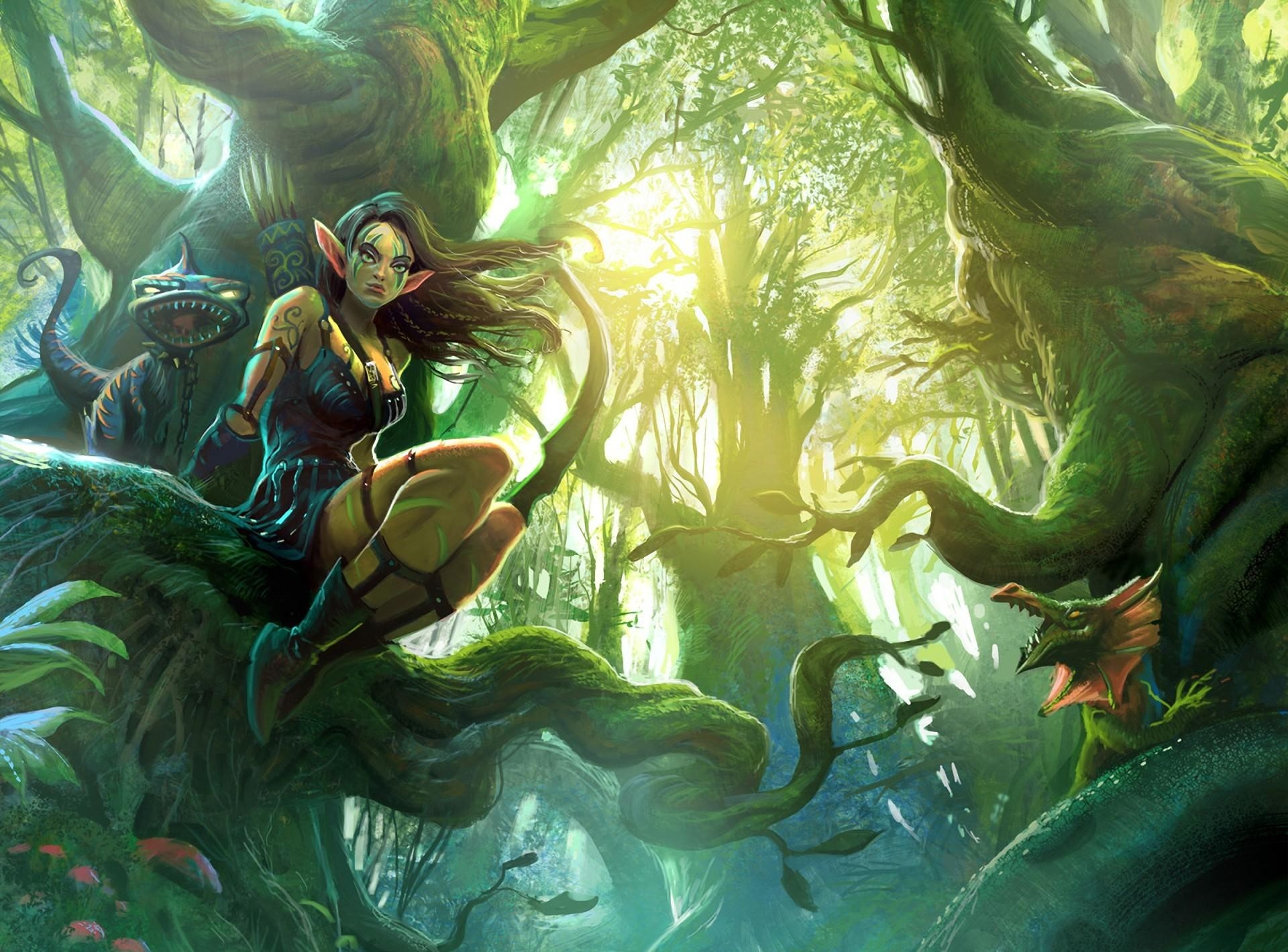 Elf girl with creatures in a sunlit forest HD Wallpaper