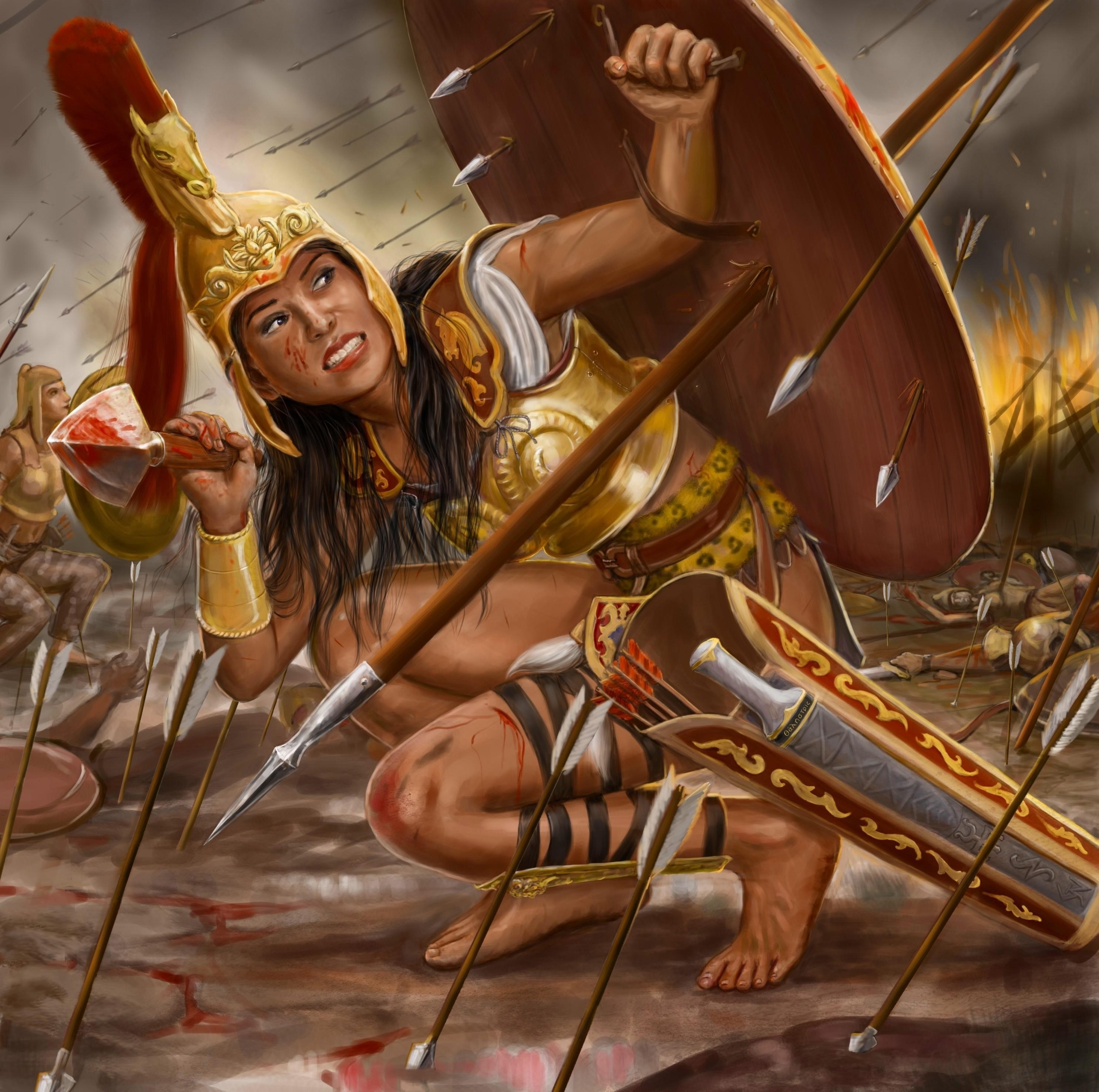 Warrior woman in battle with arrows and shield HD Wallpaper