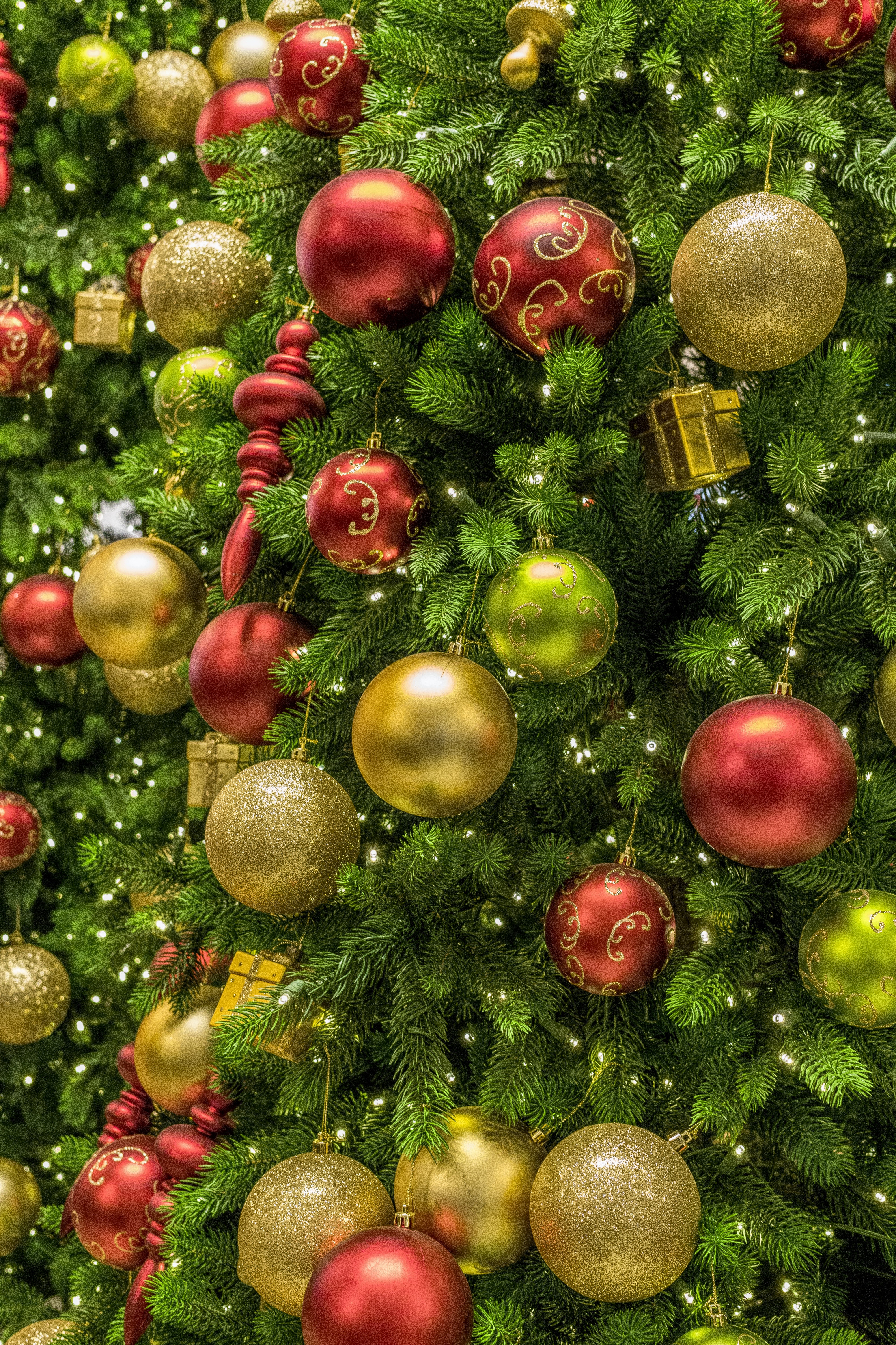 Christmas tree with red and gold ornaments HD Wallpaper