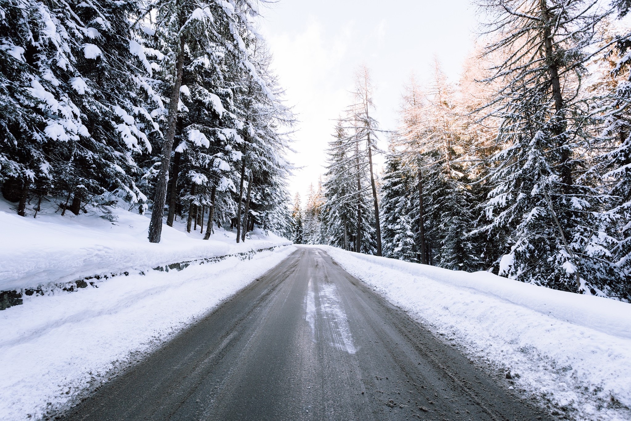Snow-Covered Road Through Winter Forest HD Wallpaper
