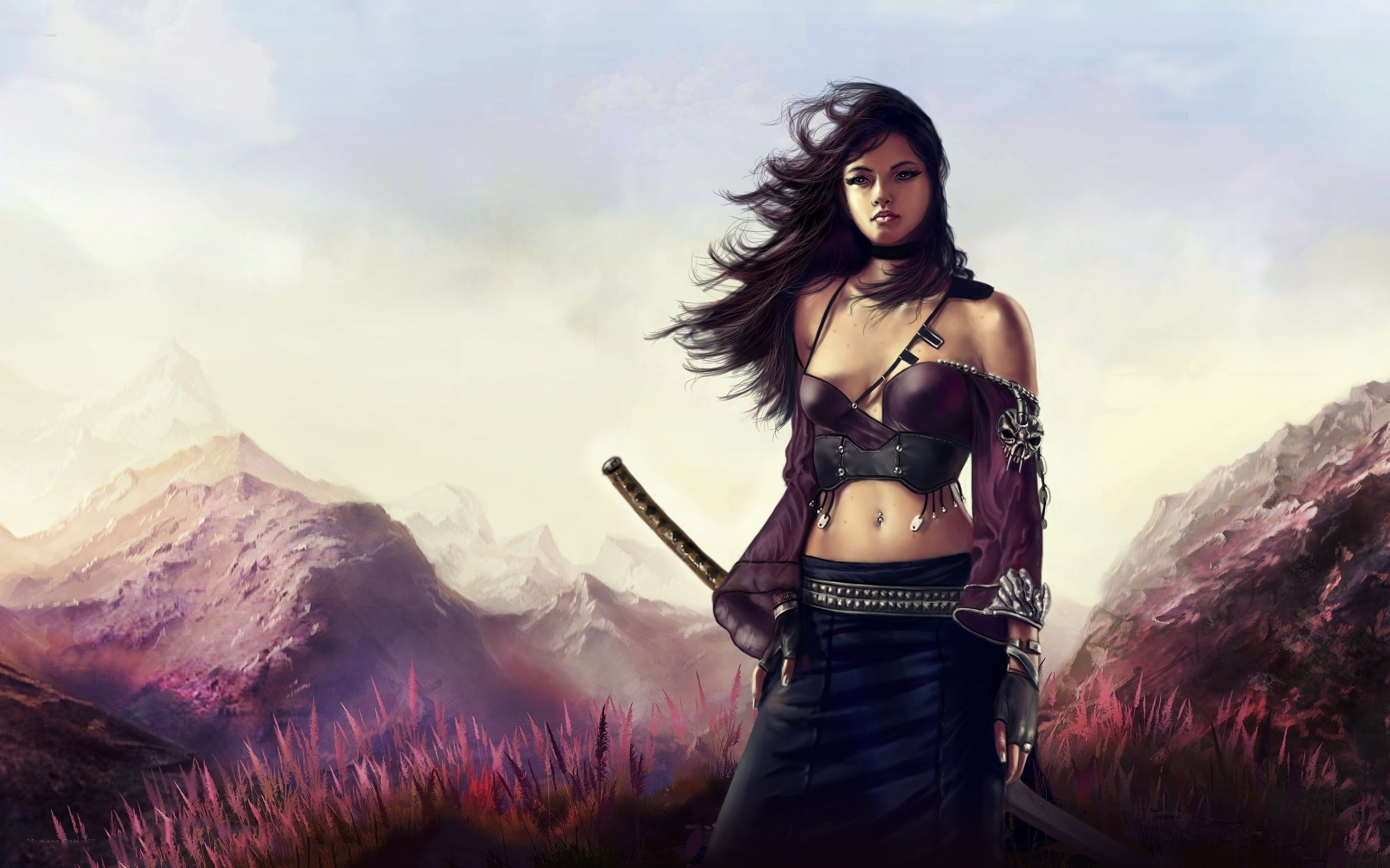 Anime warrior girl with sword in mountains HD Wallpaper