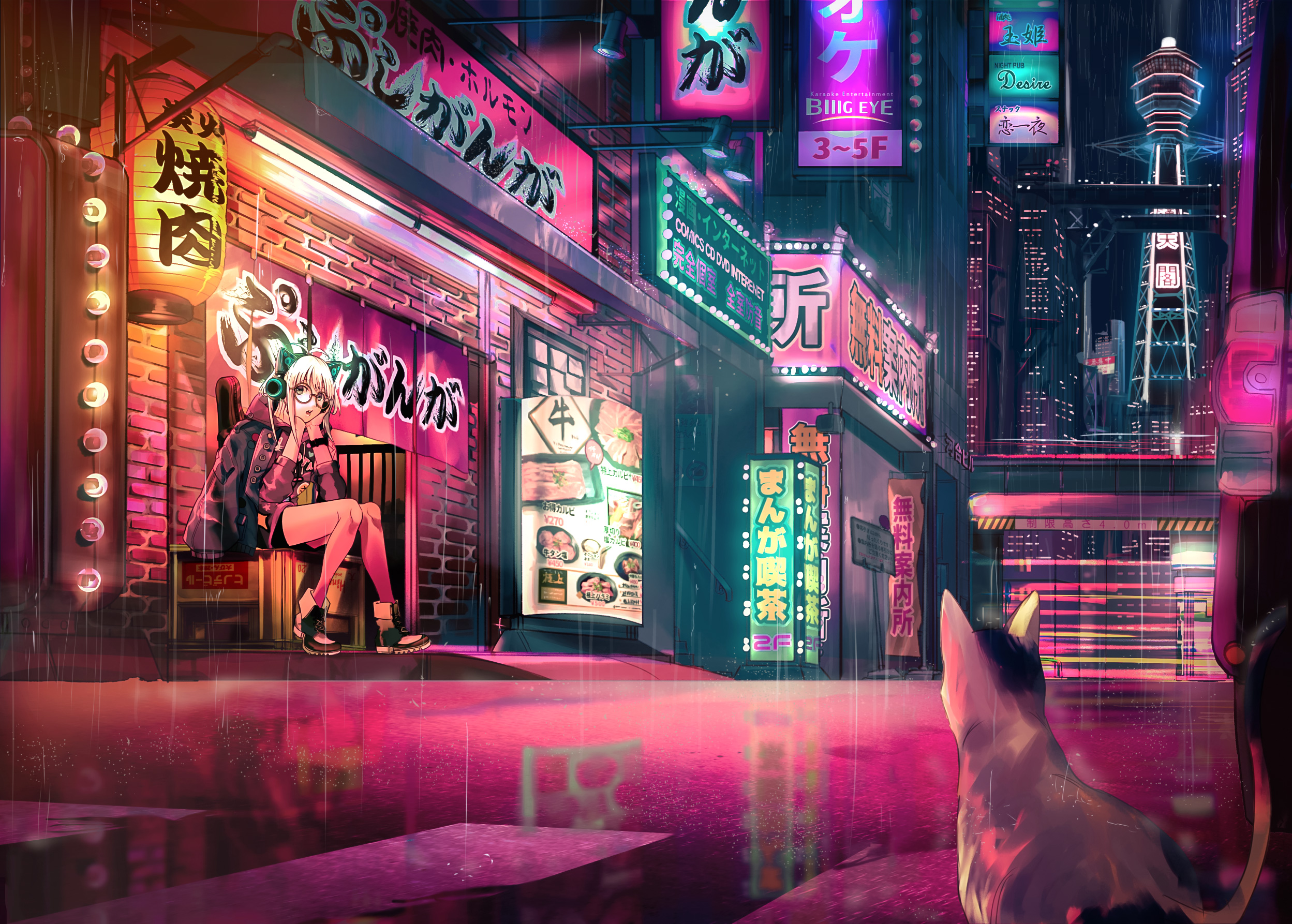 Anime girl and cat in a rainy neon city HD Wallpaper