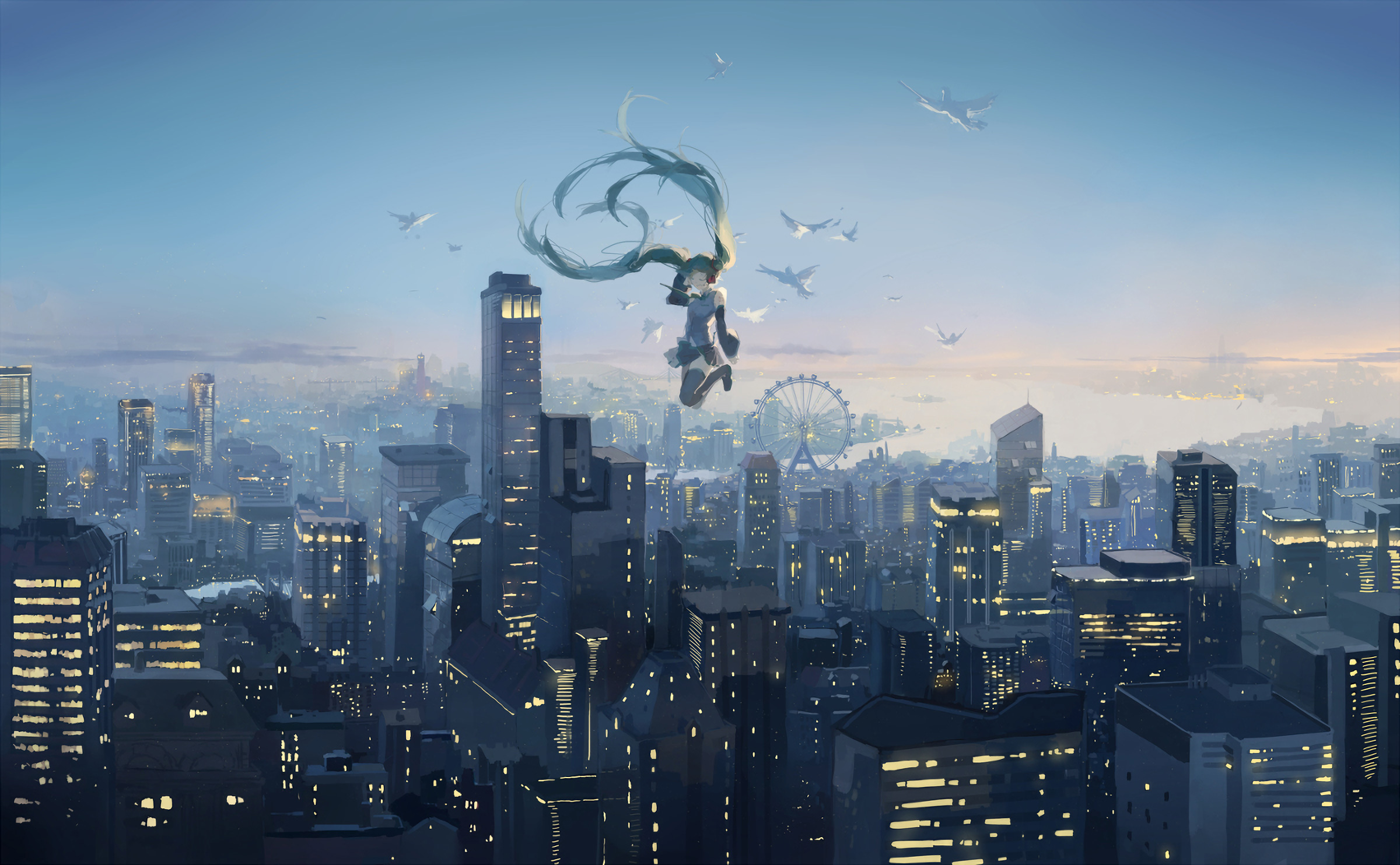 Hatsune Miku flying over a city at dusk HD Wallpaper