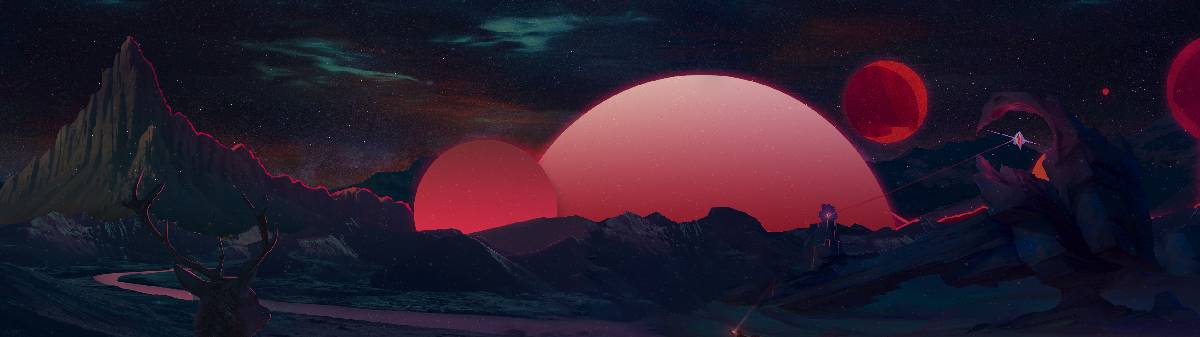 Retrowave abstract artwork with planets and mountains HD Wallpaper